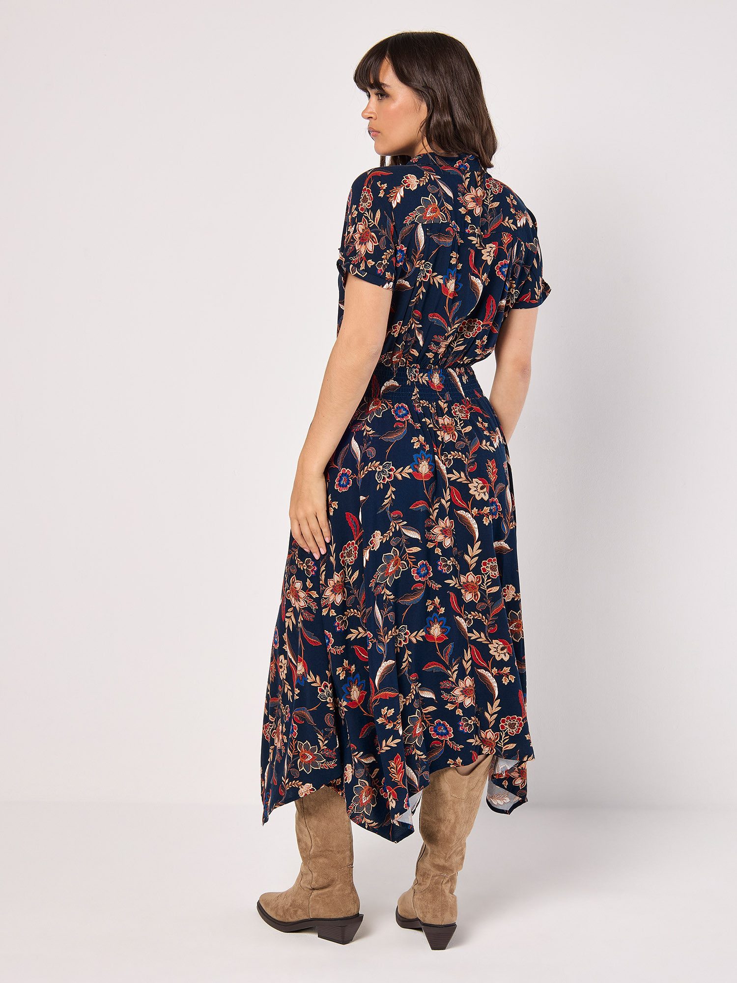 Apricot Druckkleid Florales Midikleid mit Seitentaschen, mit halber Knopfleiste – Bild 3 von 4