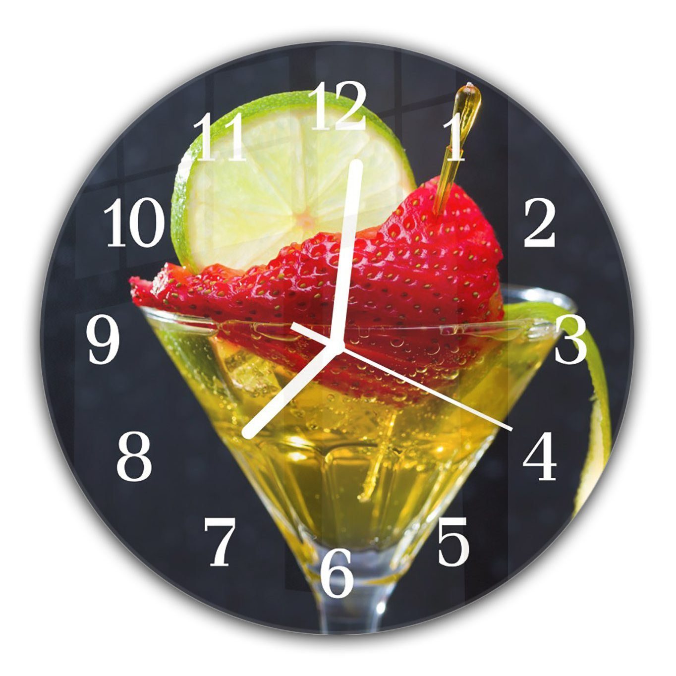 aus mit - Motiv Rund und Wanduhr Glas cm Quarzuhrwerk mit mit Wanduhr Limette Cocktail Primedeco Durchmesser und Erdbeeren 30
