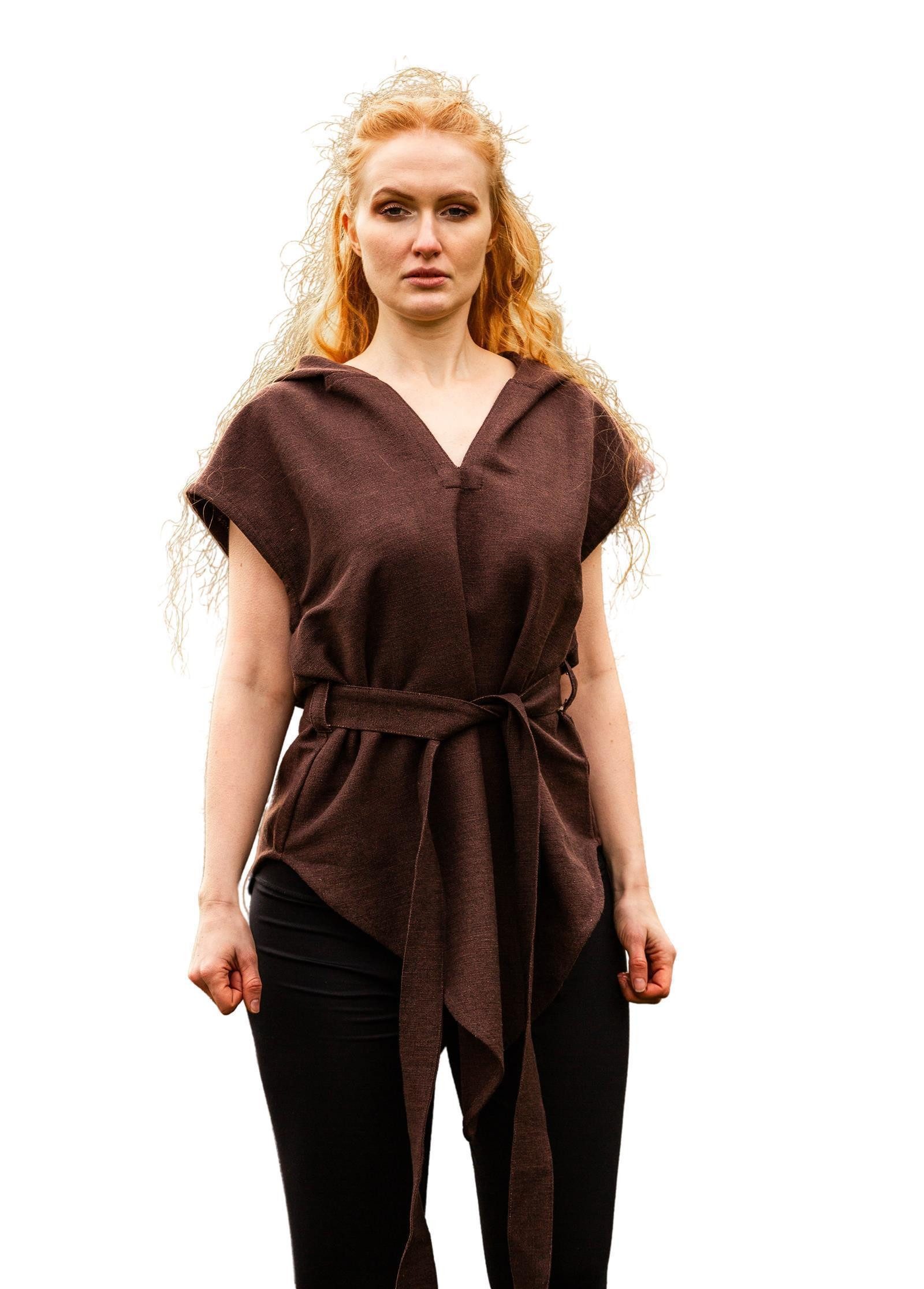 Leonardo Carbone Wikinger-Kostüm Waldläufer-Tunika "Aldon" mit Kapuze, asymmetrischer Saum, integrierter Gürtel