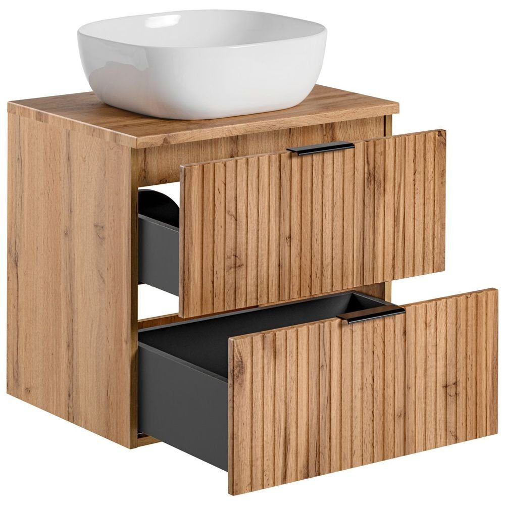 Lomadox Badmöbel-Set ADELAIDE-56, (Spar-Set, 3-St), Eiche Rillenoptik Spiegel Waschbeckenschrank Waschbecken Hochschrank