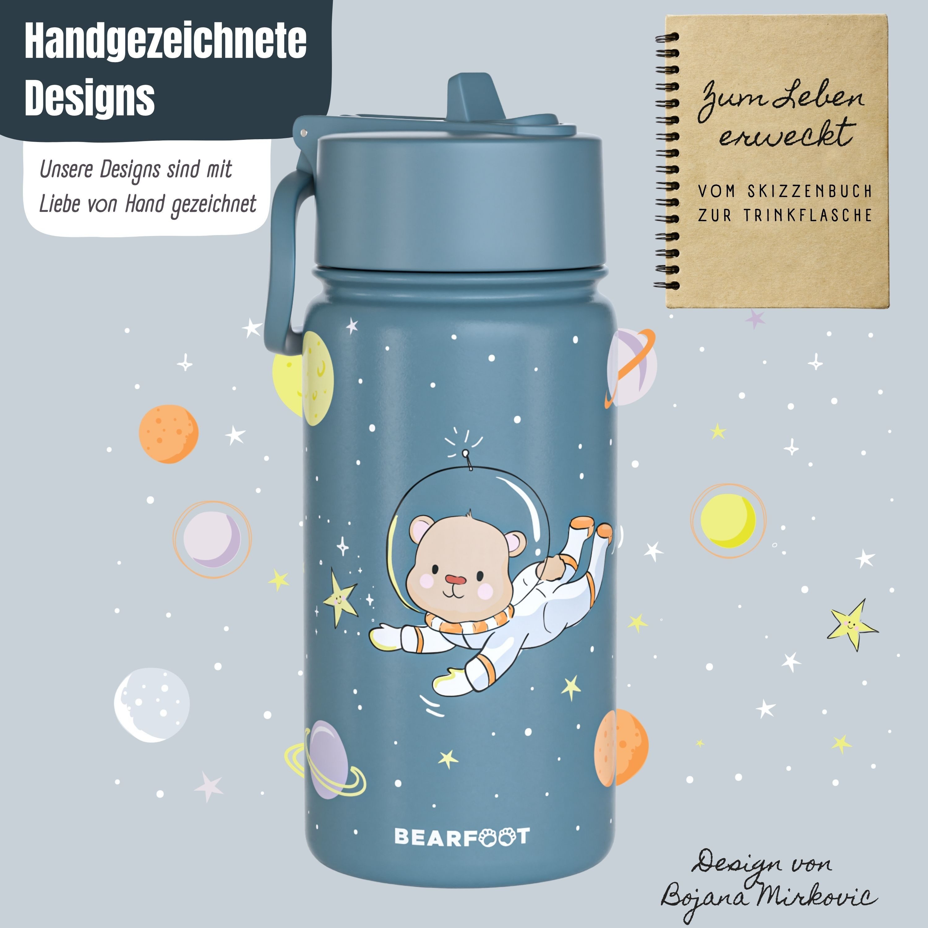 BEARFOOT Trinkflasche Thermo Kinder Trinkflasche Edelstahl - Astro Bär blau, Thermosflasche, auslaufsicher, Edelstahl, Kinderflasche, BPA-frei