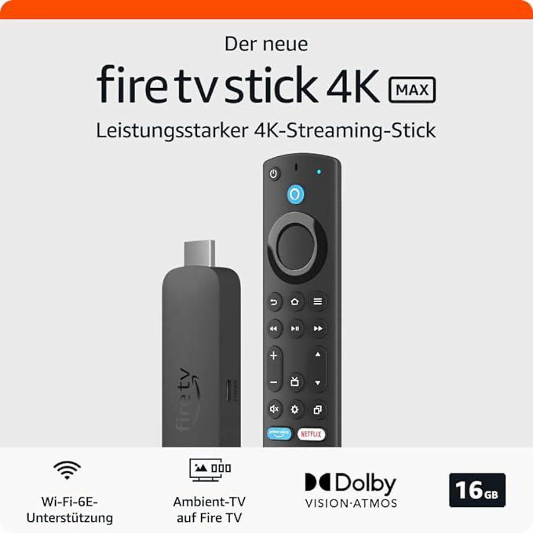 Amazon Streaming-Stick Fire TV Stick 4K Max Wi-Fi 6E - Netflix Disney+ DAZN, (Set, Amazon Alexa), Stream Stick Fernseher TV HDMI + Alexa-Sprachfernbedienung