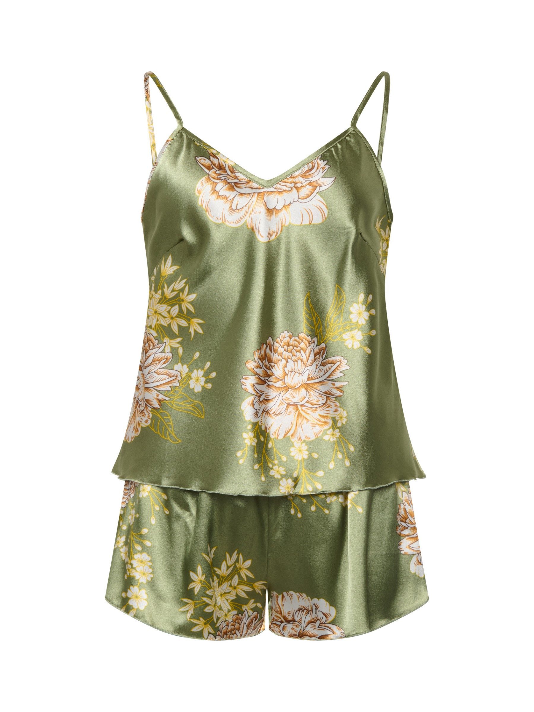 Elegant Love Shorty Satin Nachtwäsche-Set für Damen – Pyjama-Set mit Blumenmuster (Set, 2 tlg., Top mit V-Ausschnitt + Shorts) Loungewear mit Blütendetail – Schlafoutfit für gemütliche Nächte