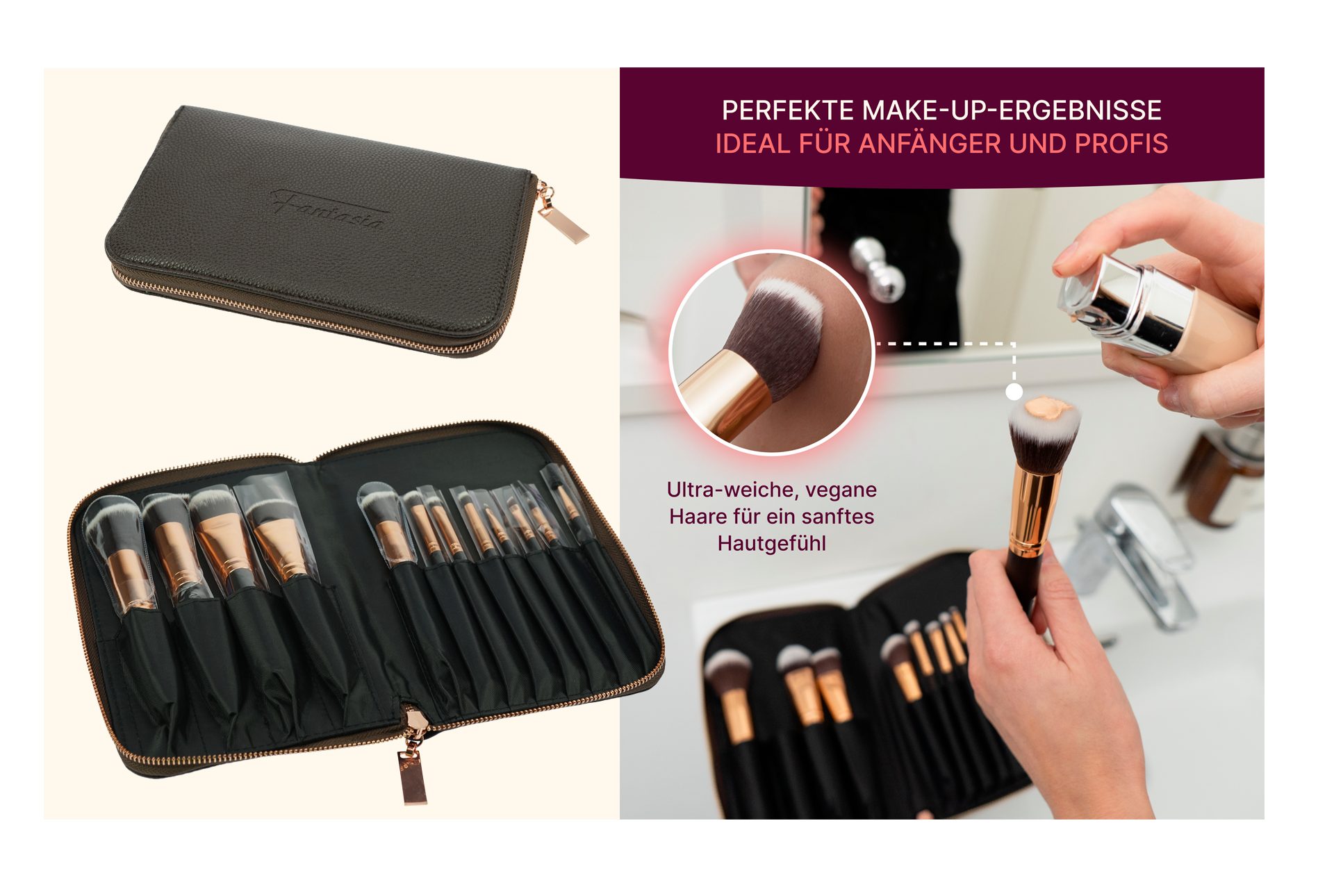 Fantasia Beauty Kosmetikpinsel-Set Pinsel-Set 12-tlg. mit Synthetic Haar, Schwarz-Kupfer in Tasche, Vegan