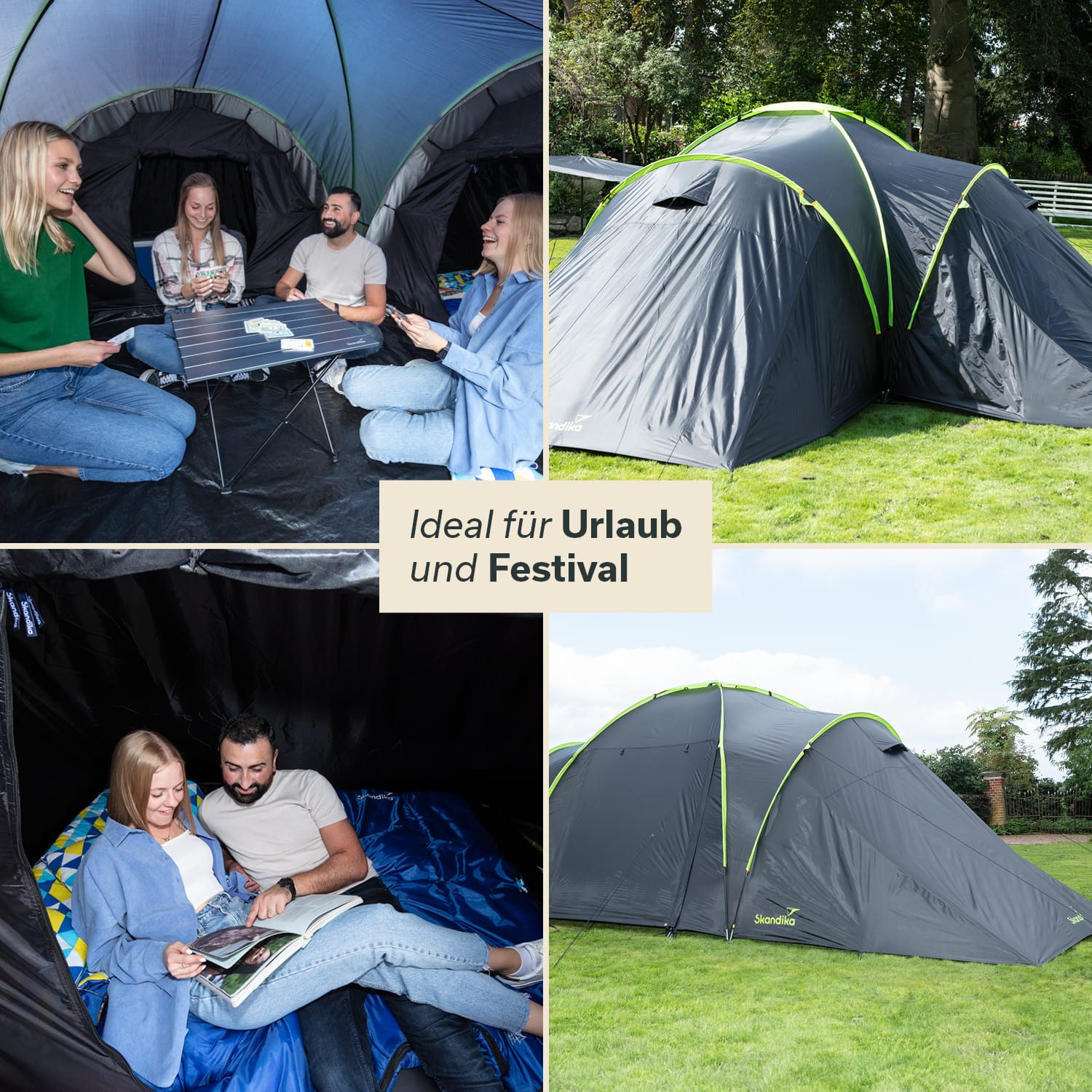 Skandika Kuppelzelt Daytona 6 XL Protect, Familienzelt mit 3 großen Schlafkabinen, Personen: 6 (Gestänge Fiberglas, farbig markiert, Deckenhaken für Campinglampe), eingenähter Zeltboden, wasserdicht, 3000mm Wassersäule, 195cm Stehhöhe