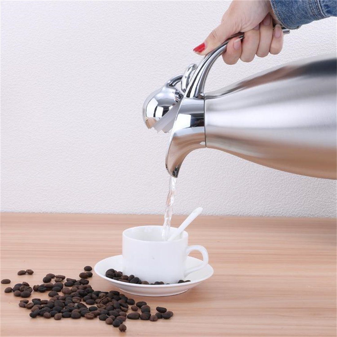 Heißwasserkocher, Kaffeekanne Isolierter 2.0L Isolierkanne Edelstahl-Wasserkocher, DÖRÖY Silber