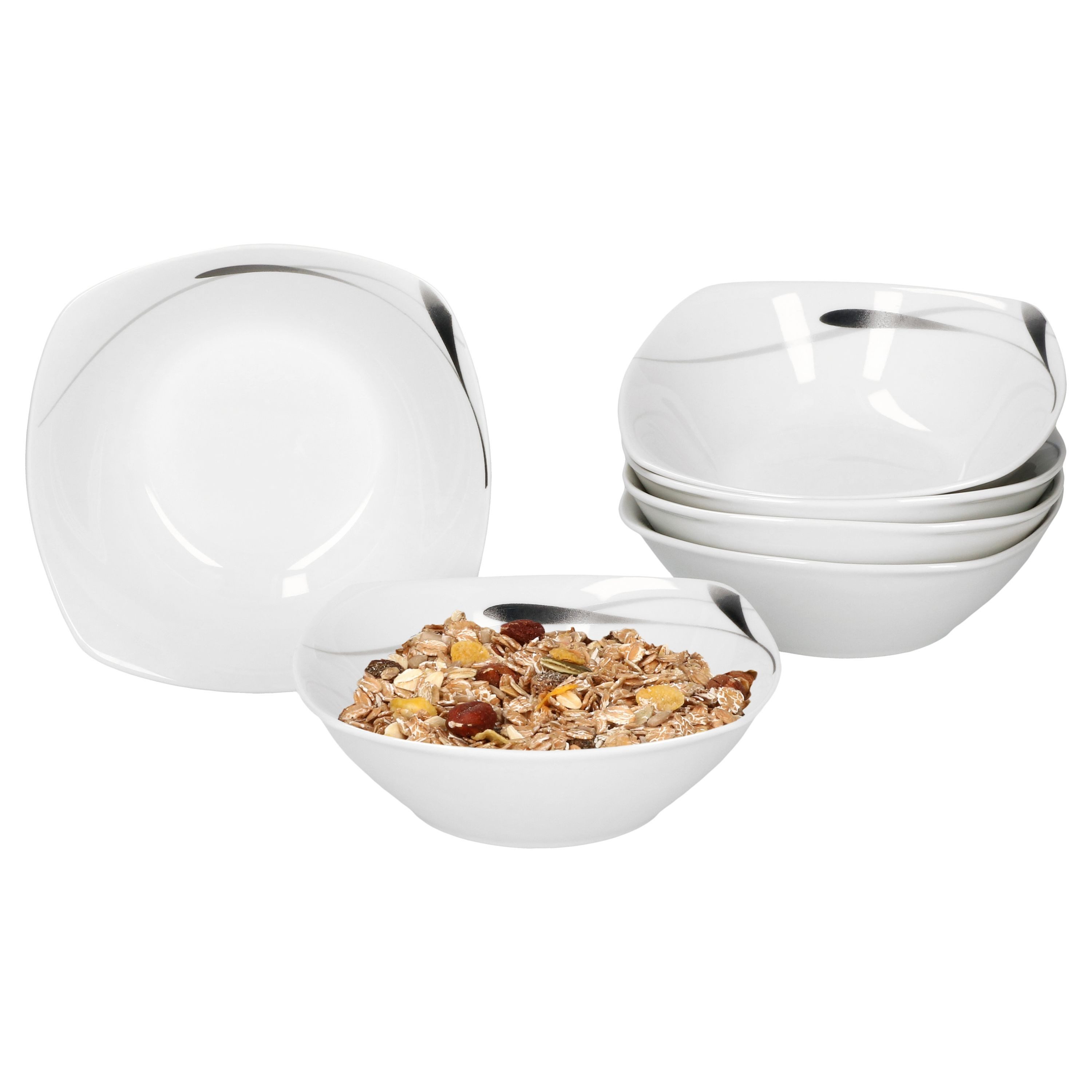 van Well Müslischale 6er Set Müsli- Salatschale Lima 14,2cm Porzellan weiß mit Dekor, Porzellan
