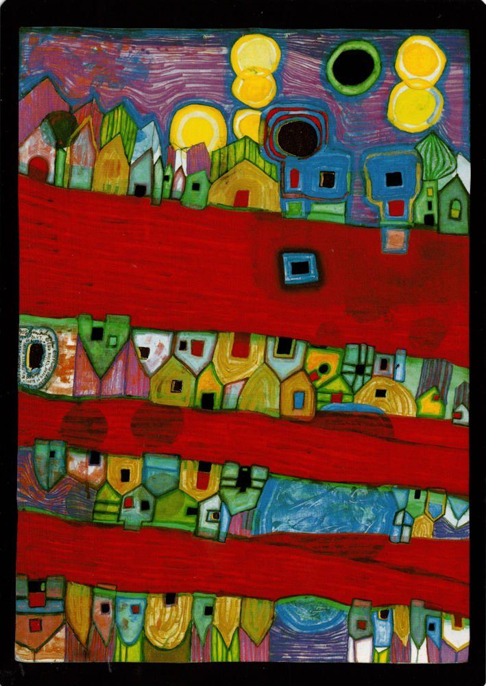 Postkarte Kunstkarte Hundertwasser "Rote Flüsse - Straßen aus Blut"