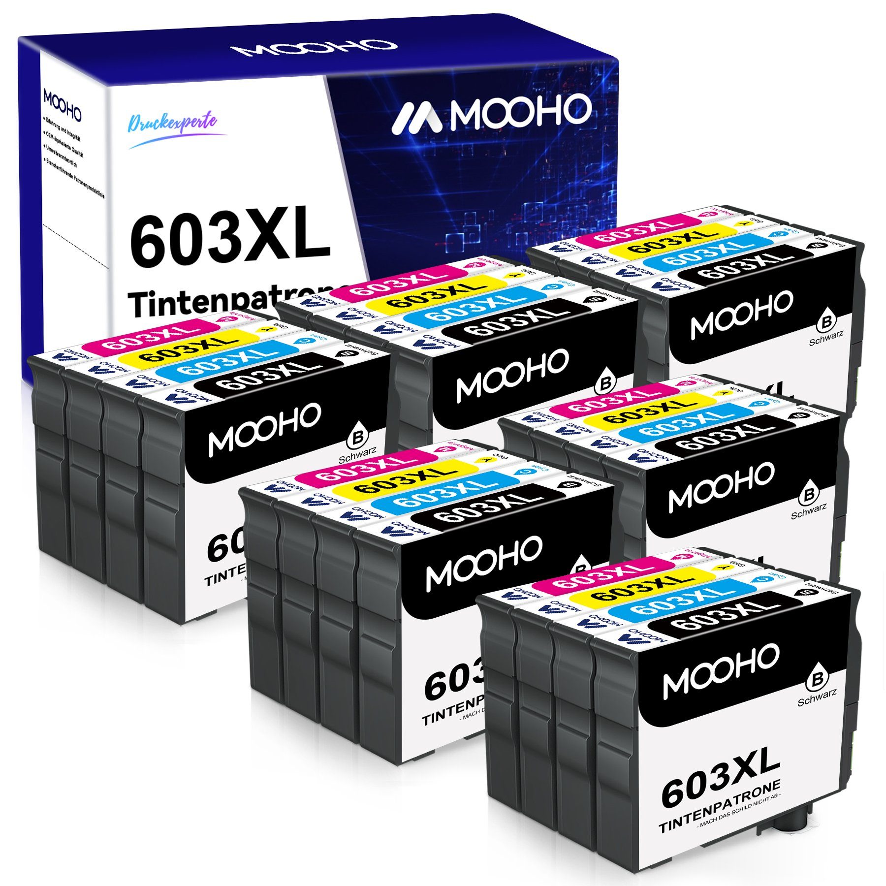 MOOHO für EPSON 603XL WF-2830 2850 2835 2810 Tintenpatrone 6x Schwarz, 6x Cyan, 6x Magenta, 6x Gelb (16er-pack)