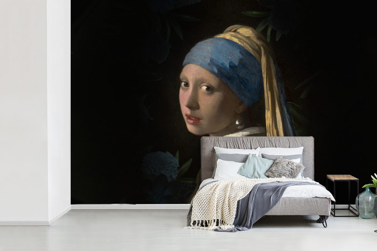 Das (6 Matt, bedruckt, - Mädchen Tapete mit dem Schlafzimmer, MuchoWow Kinderzimmer, Vinyl Wohnzimmer, - St), Perlenohrring Pflanzen, Fototapete Wallpaper für Vermeer