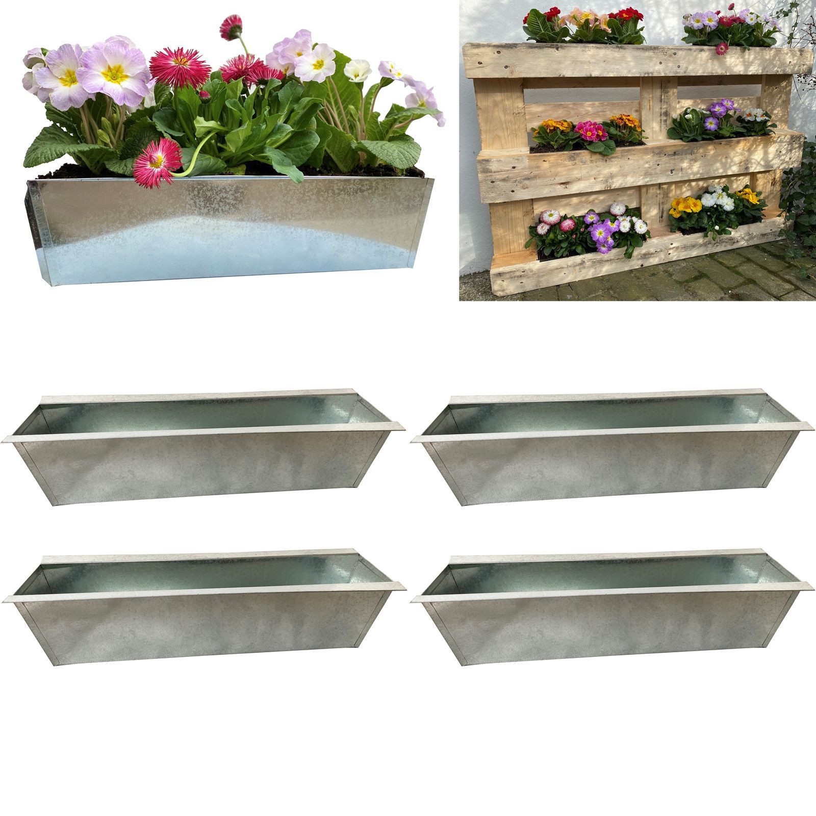 Hossi's Wholesale Blumenkasten 4er Set Zink Paletten Blumenkästen - Einsatz 38cm groß Silber Metall