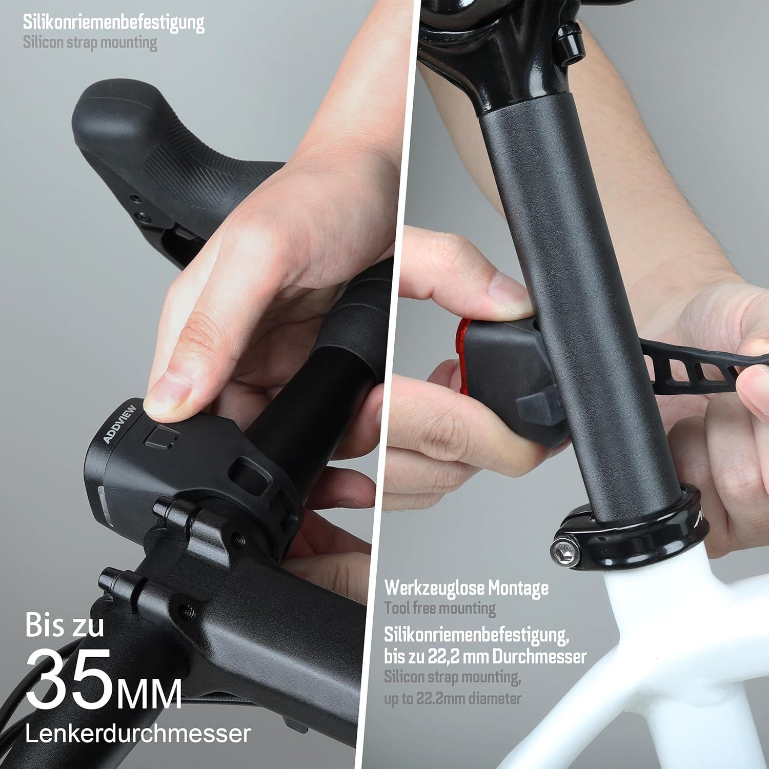 ADDVIEW Fahrradbeleuchtung LED Fahrradlicht Set Akku USB aufladbar StVZO Frontlicht & Rücklicht, Werkzeugfrei, Seitliche Sichtbarkeit