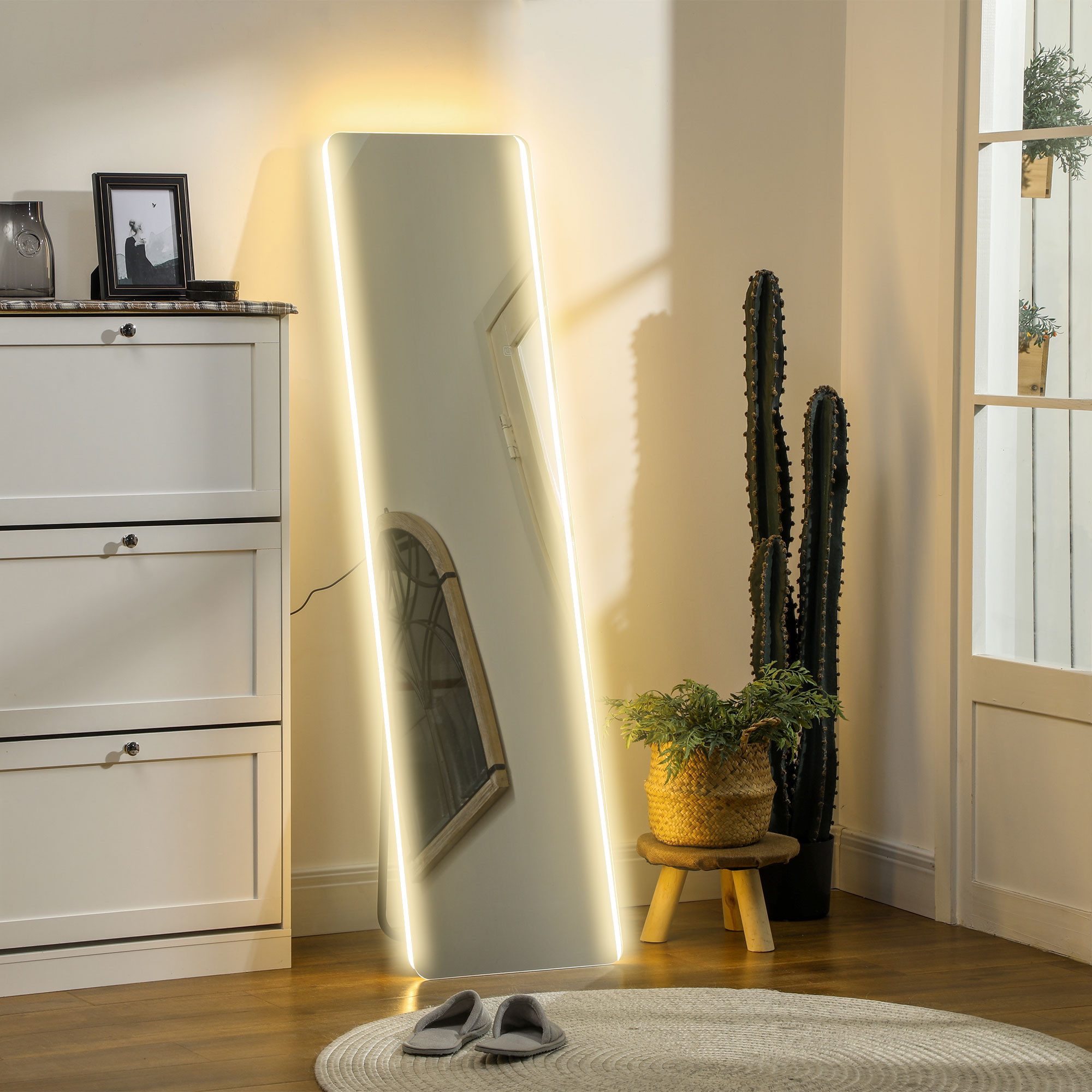 HOMCOM Standspiegel Bodenspiegel mit LED-Beleuchtung 3 Lichtfarben, bruchsicheres Glas (Wandspiegel, 1-St., Ganzkörperspiegel), für Schlafzimmer, Wohnzimmer, Tr – Bild 2 von 5