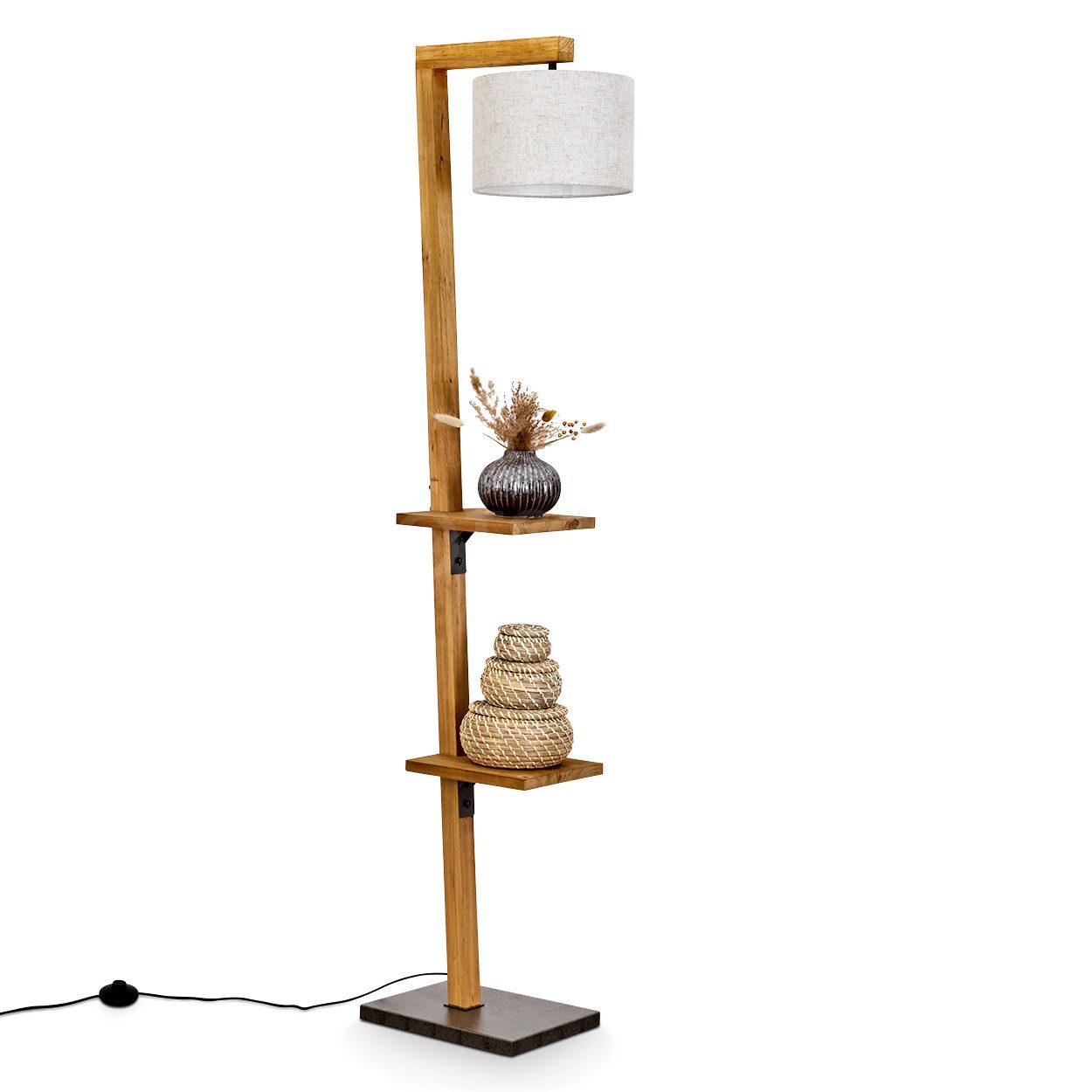 hofstein Stehlampe moderne Stehlampe aus Metall/Holz/Stoff, ohne Leuchtmittel, m. verstellbarem Schirm, Fußschalter, Ablageflächen, 164 cm, 1x E27