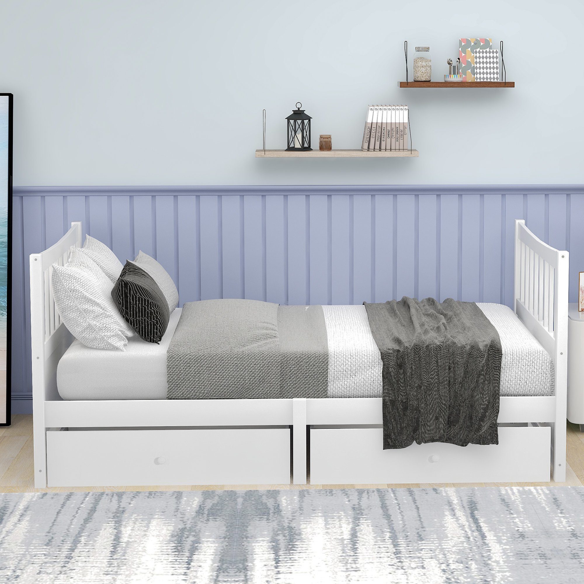 Einzelbett (1-tlg., Gästebett Jugendbett 90x200cm), Kinderbett mit 2 Schubladen, Lattenrost, Kopfteil und Fußteil, Kiefer