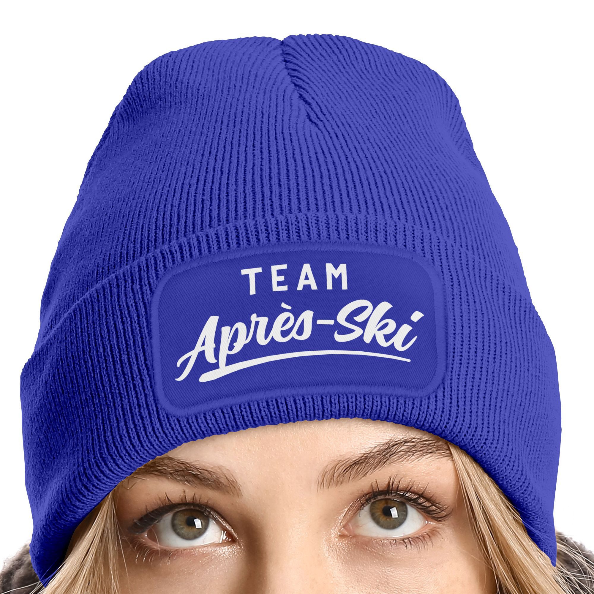 MoonWorks Strickmütze Damen Beanie Patch Skifahren Strickmütze mit Spruch Team Après Ski