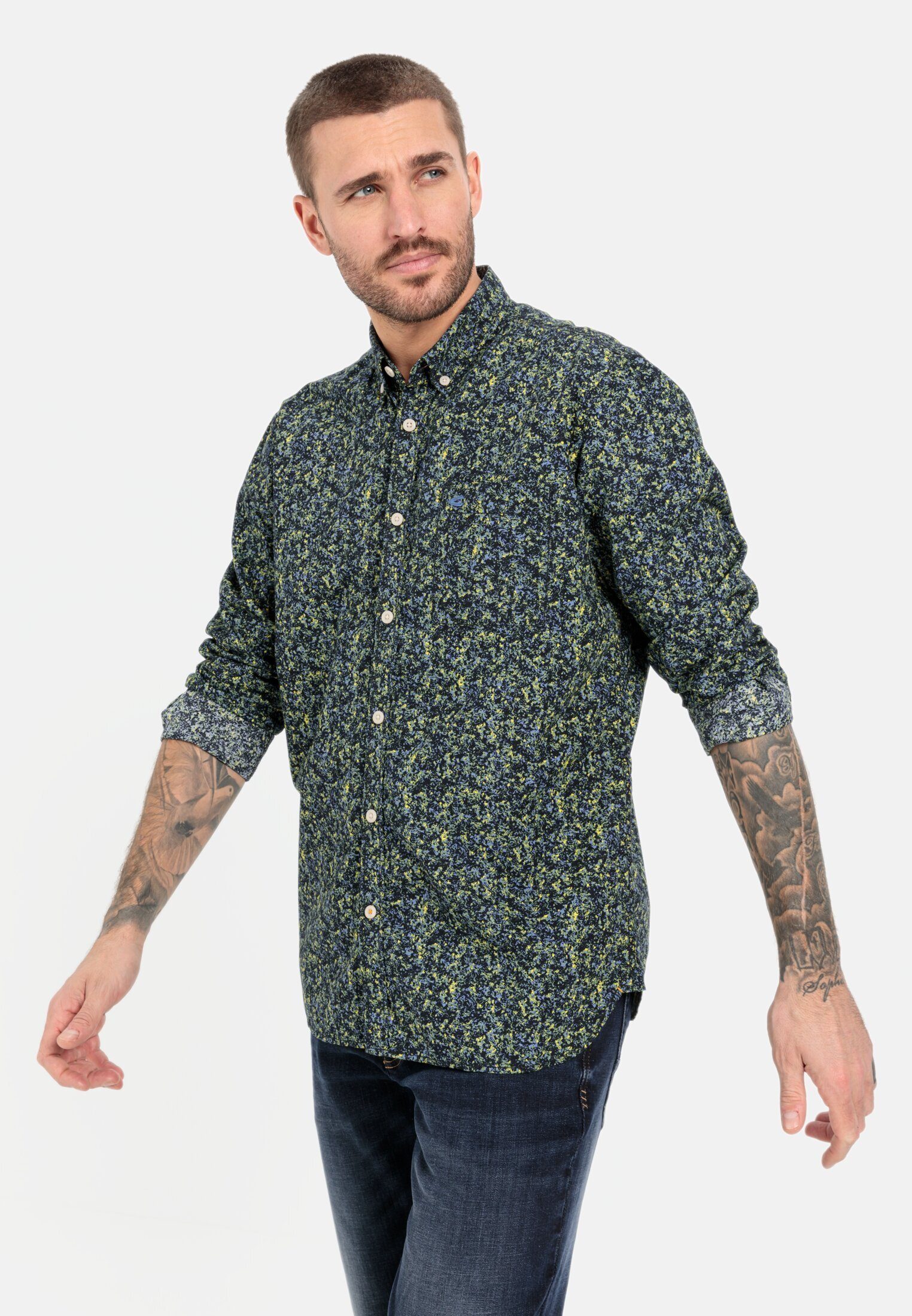 camel active Langarmhemd mit Allover-Print Langarm Button-Down Button-Down