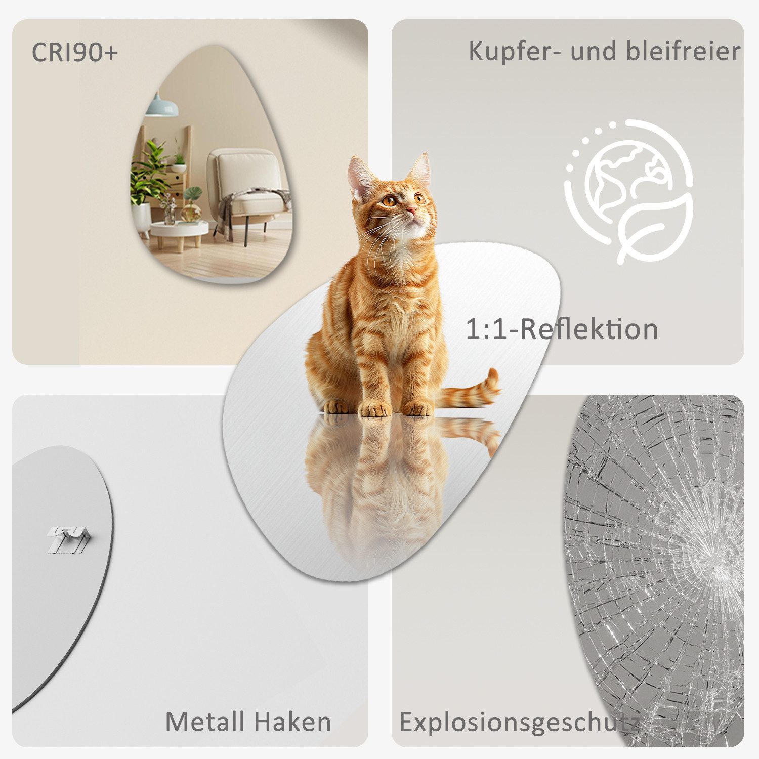 Hopibath Spiegel Bad Badspiegel Badezimmerspiegel ohne Beleuchtung Wassertropfen (Wandspiegel Asymmetrisch Rahmenlos, 45x70, 65x90cm), 5mm HD Kupfer- und bleifreier Spiegel