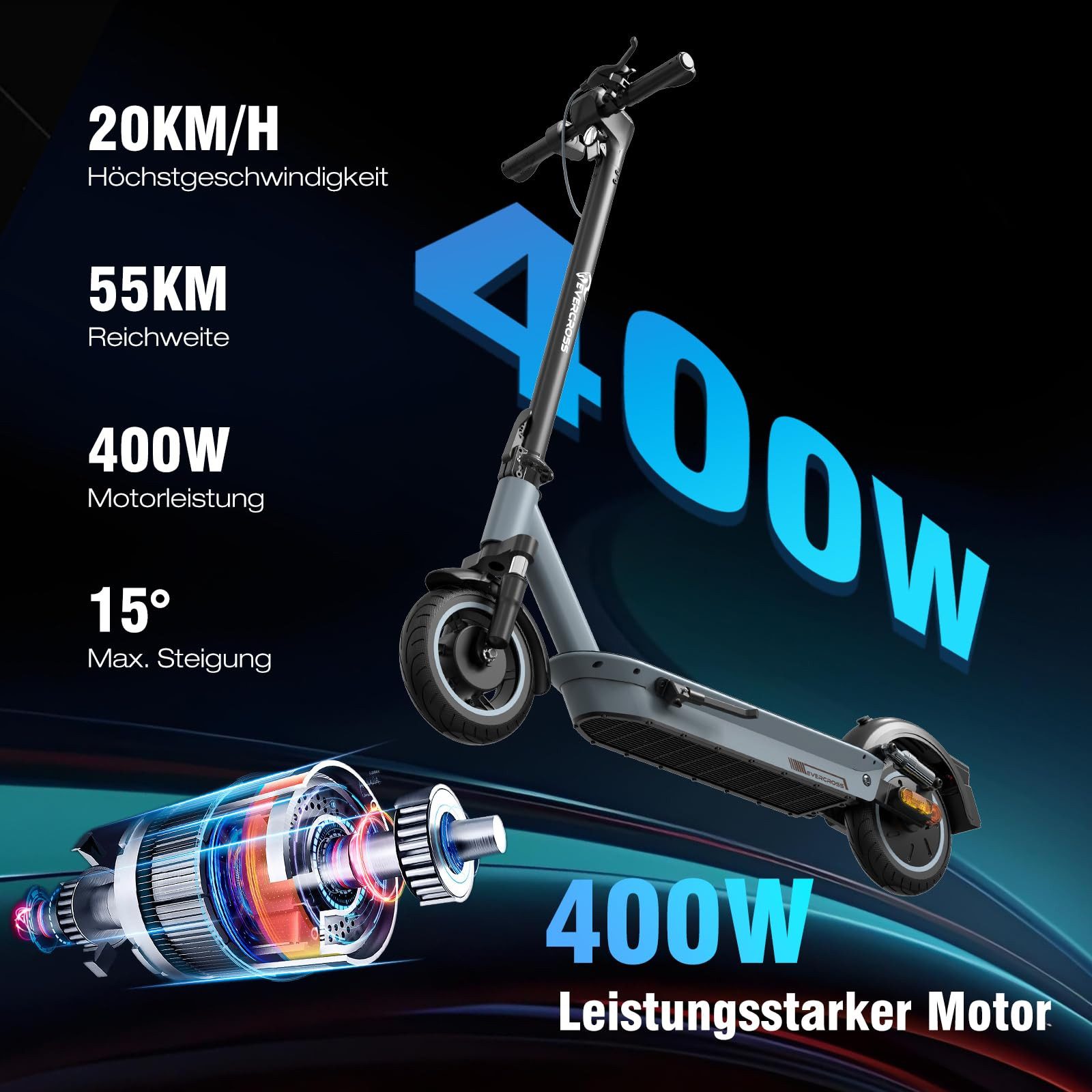 EVERCROSS TECH E-Scooter EV10K MAX with road approval (ABE), 55/70 km/h, 10/15/20 km/h, 20.00 km/h, app, 15.6Ah/18.2Ah, dual braking system, 10" foldable electric scooter