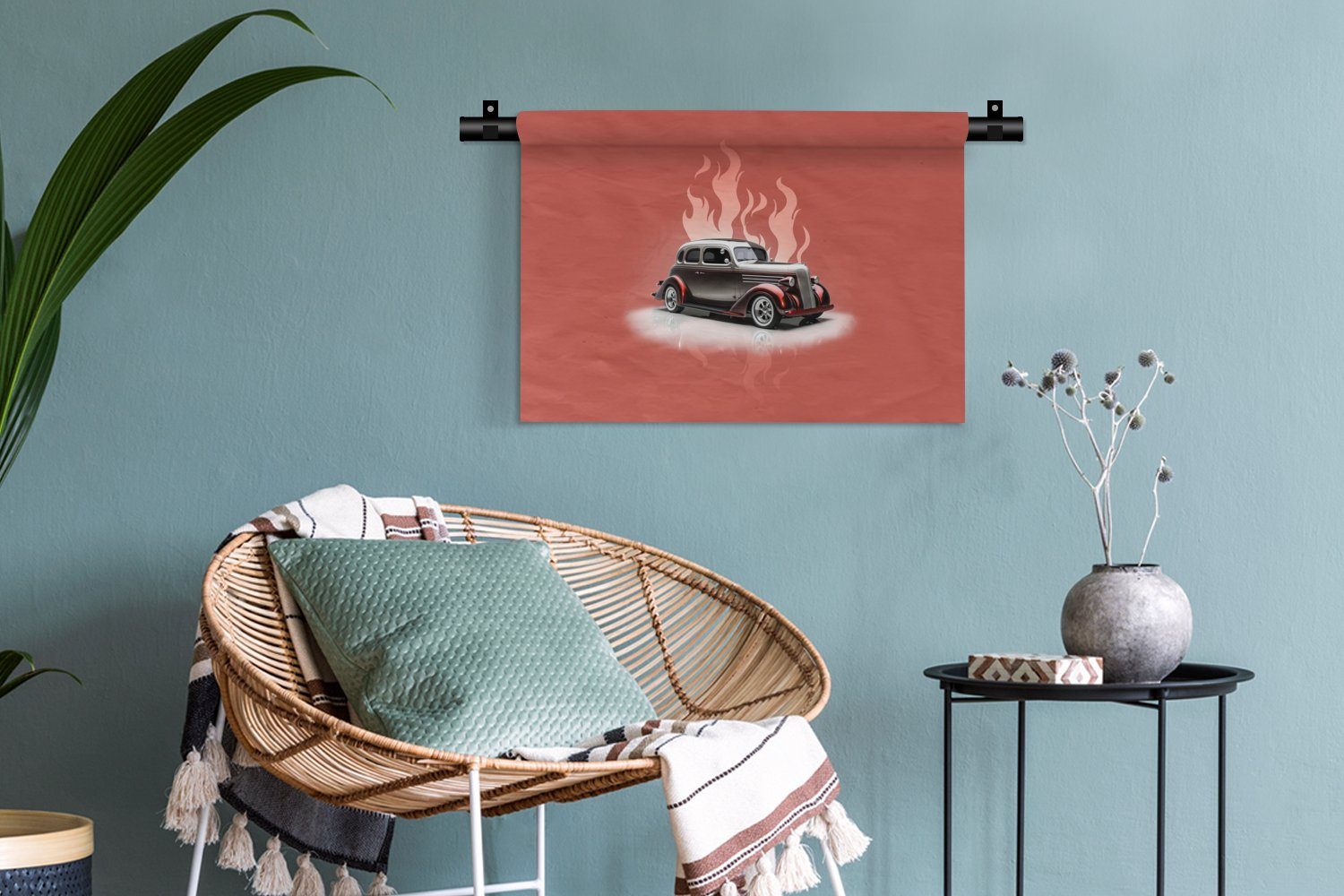 MuchoWow Wanddekoobjekt Auto Wandbehang, Wanddeko Wohnzimmer, - für Kinderzimmer Kleid, Rosa Schlafzimmer, Vintage - - Flammen