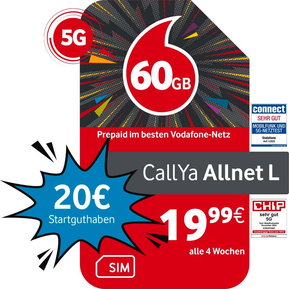 Vodafone Prepaid CallYa L, 60 GB statt 35 GB, 20 EUR Prepaidkarte