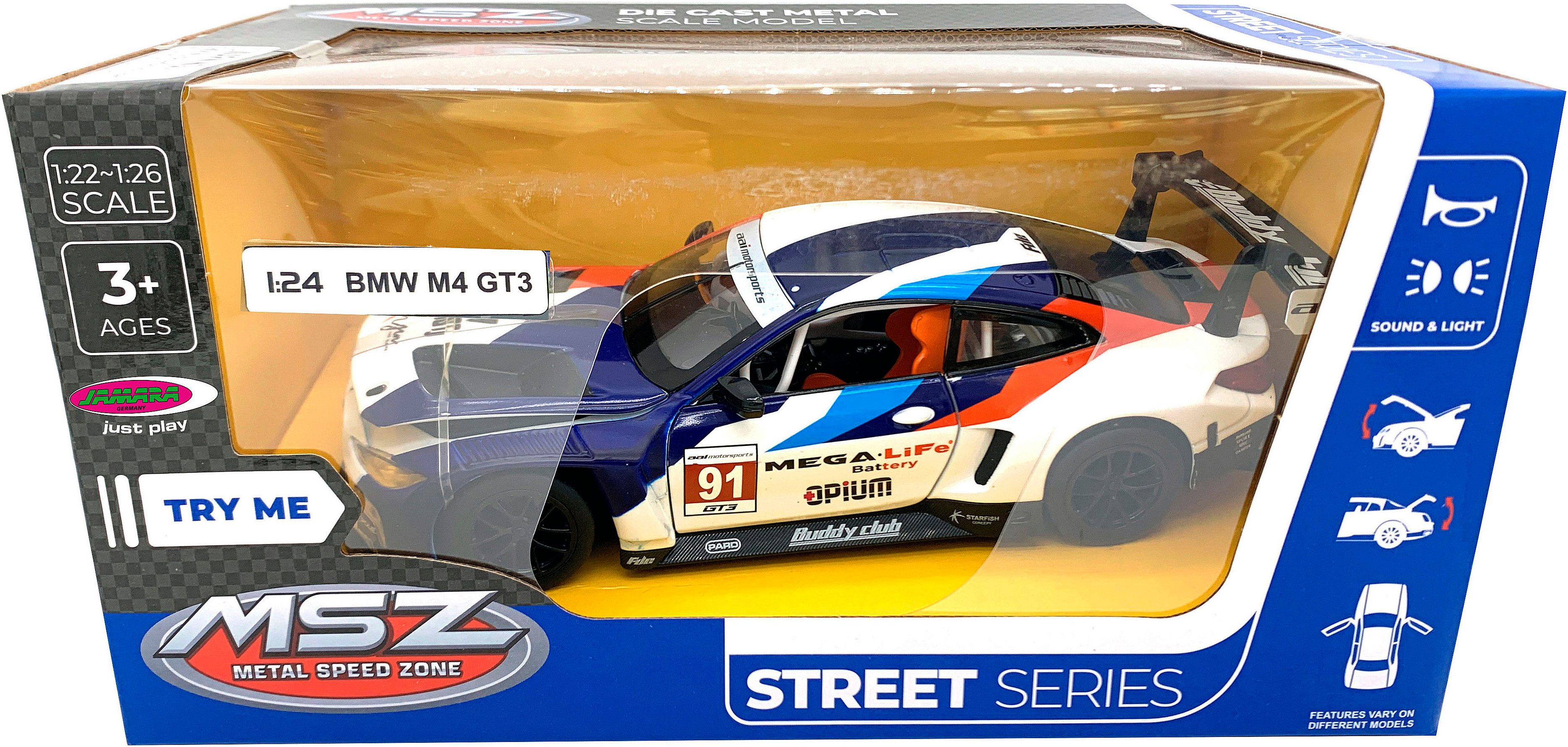 Jamara Spielzeug-Auto Diecast, BMW M4 GT3 inklusive Batterien, LED Licht; Maßstab 1:24