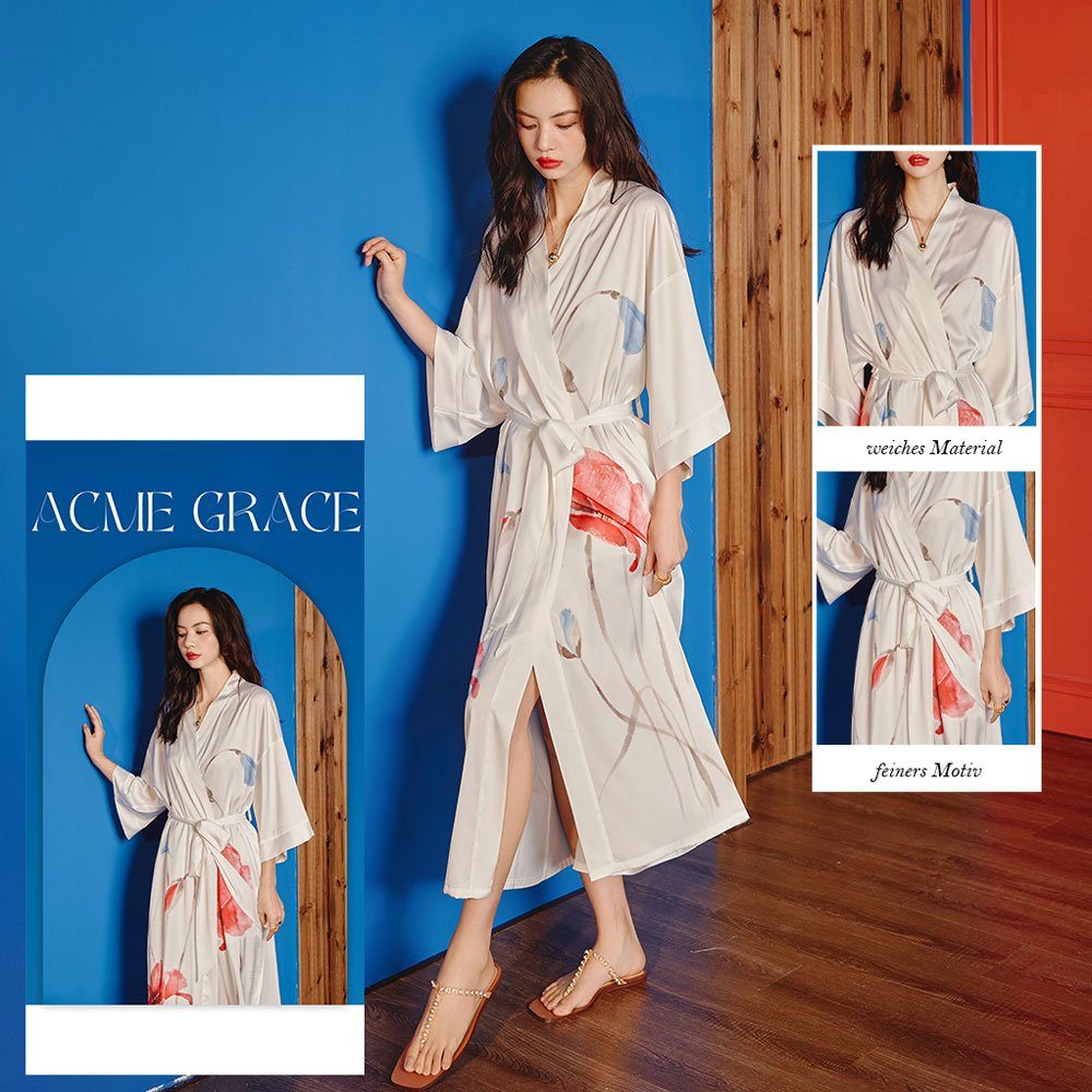 Vivi Idee Morgenmantel Kimono-Kragen, Einheitsgröße, Schlafmantel satin leicht Seidig kimono Sauna Bindegürtel, Bademantel lang