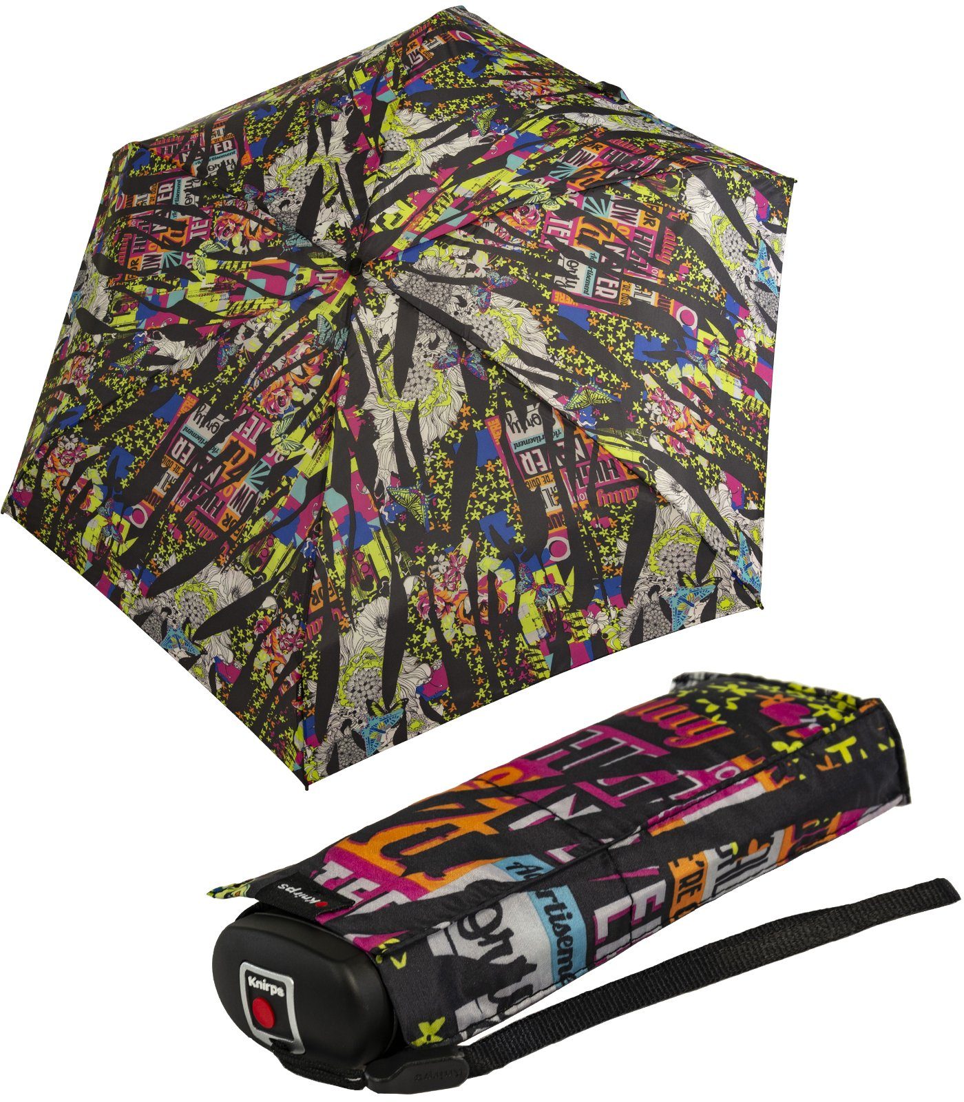 Knirps® Taschenregenschirm Mini-Damen-Schirm Travel - Mixes Art black,  klein leicht kompakt mit buntem Kunst-Muster