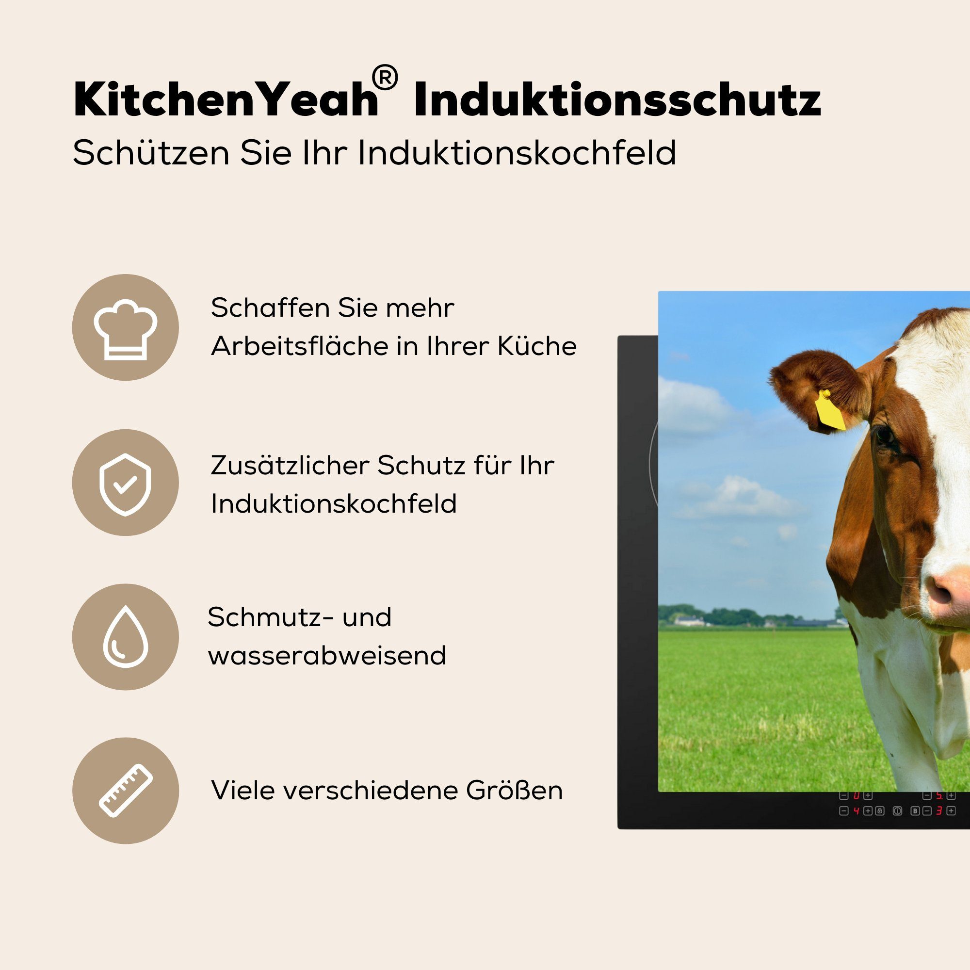 MuchoWow Herdblende-/Abdeckplatte Porträt - Kuh Vinyl, die Schutz Ceranfeldabdeckung küche, 81x52 tlg), Braun, cm, Induktionskochfeld für (1 