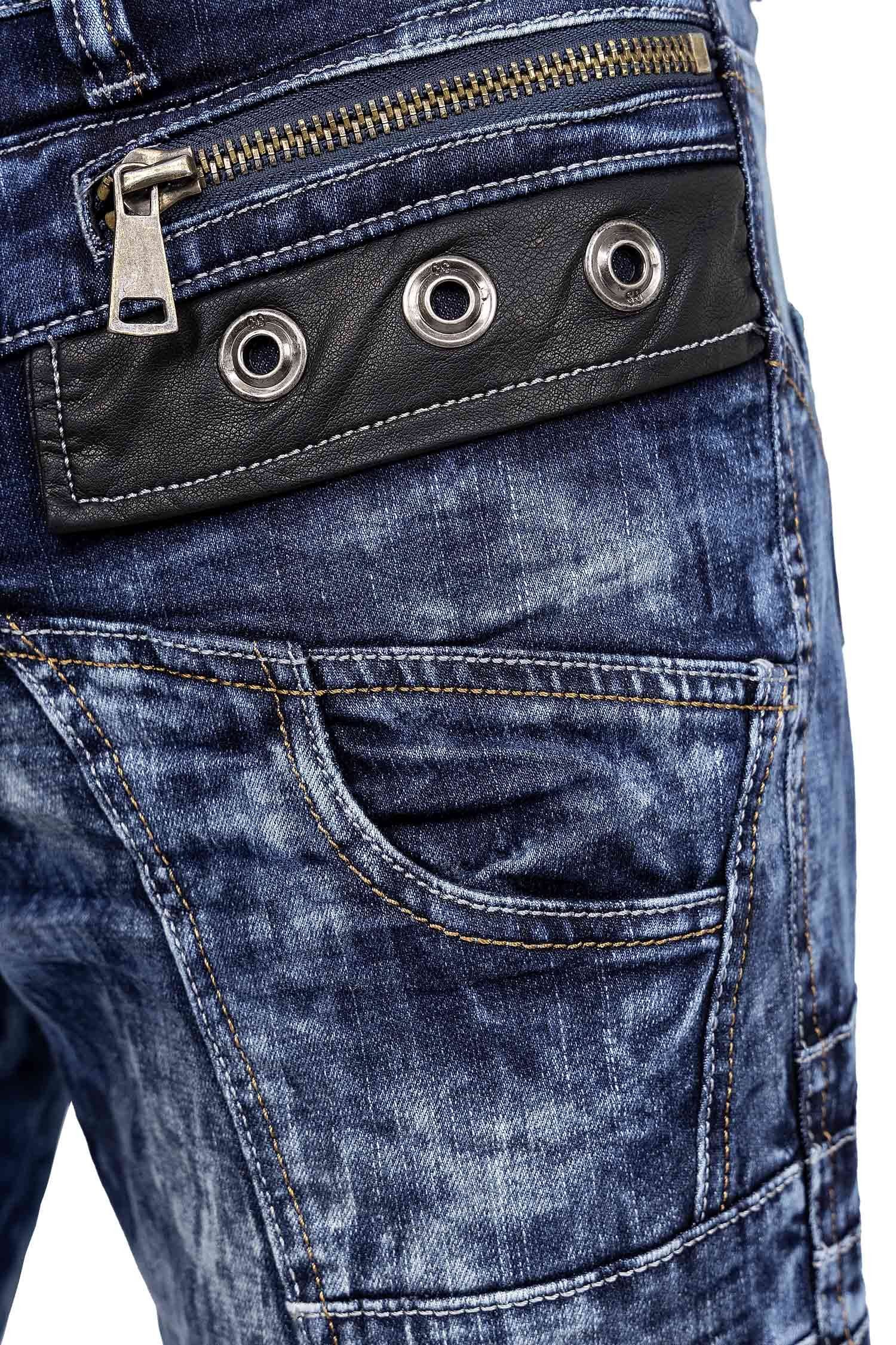 Kosmo Lupo 5-Pocket-Jeans Herren Regular Fit Hose Stonewashed KM012 (1-tlg) Kontrastnähte in Orange/Weiß und Ziernähte