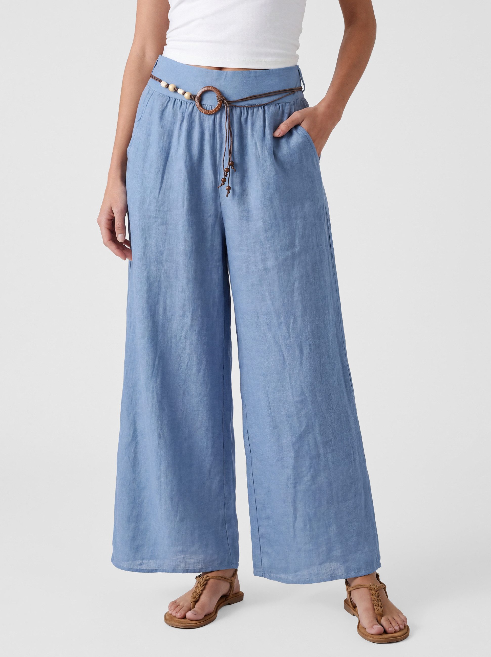 PEKIVESSA Leinenhose Wide-Leg Schlupfhose mit weitem Bein und Gürtel