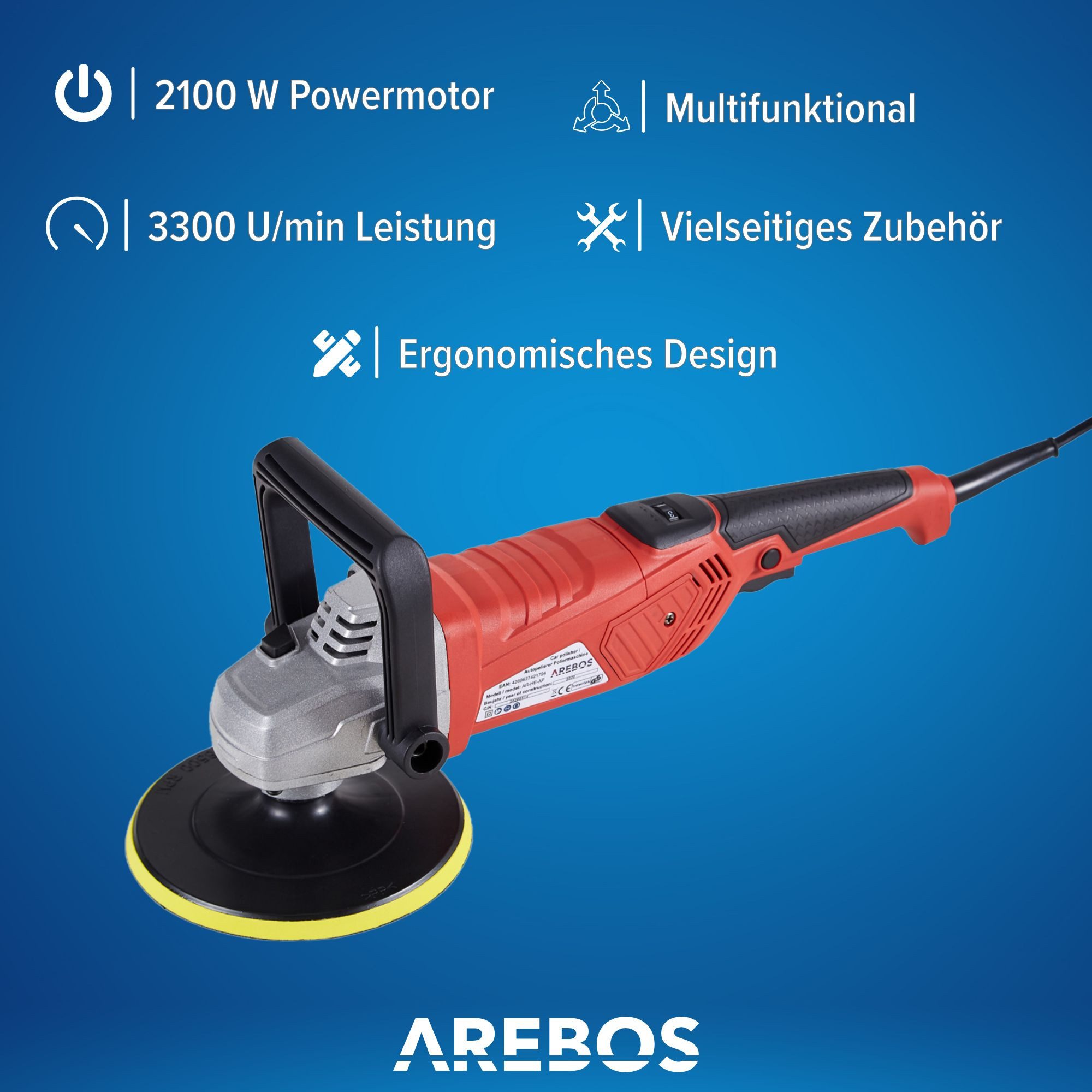 Arebos Poliermaschine Mehrzweck Exzenter Auto 2100W Autolack Schleifer, 0 min. U/min, 3300 max. U/min