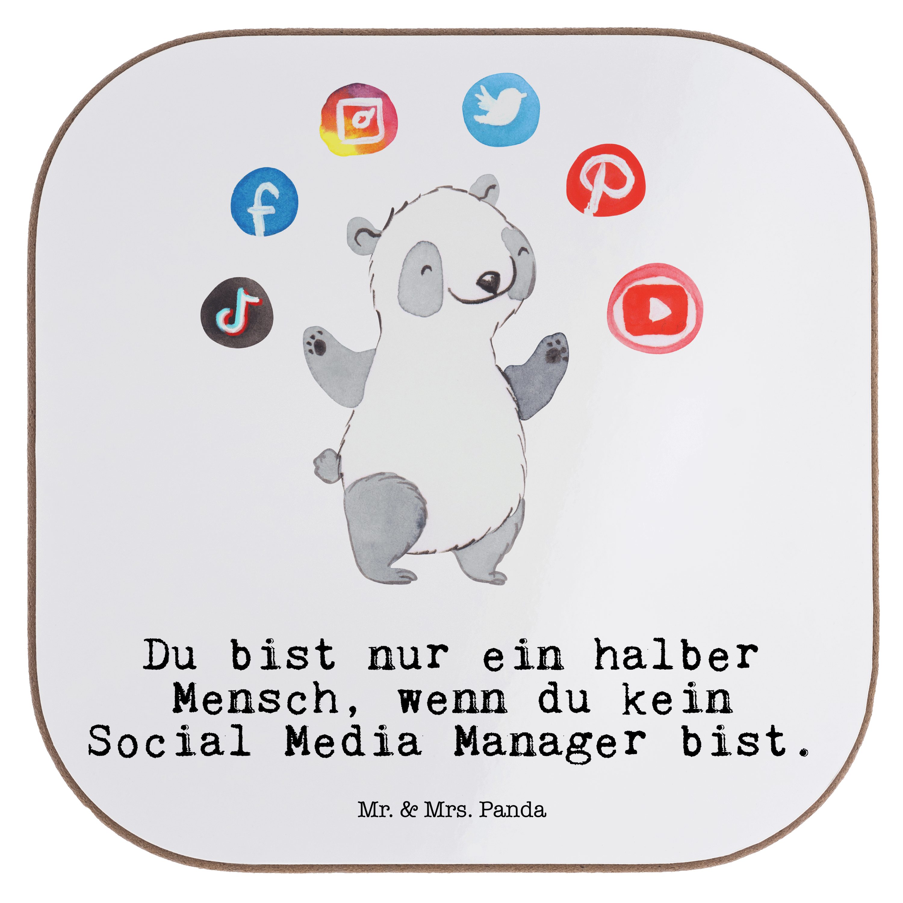 Mr. & Mrs. Panda Getränkeuntersetzer Social Media Manager mit Herz - Weiß - Geschenk, Dankeschön, Glasunte, 1-tlg.