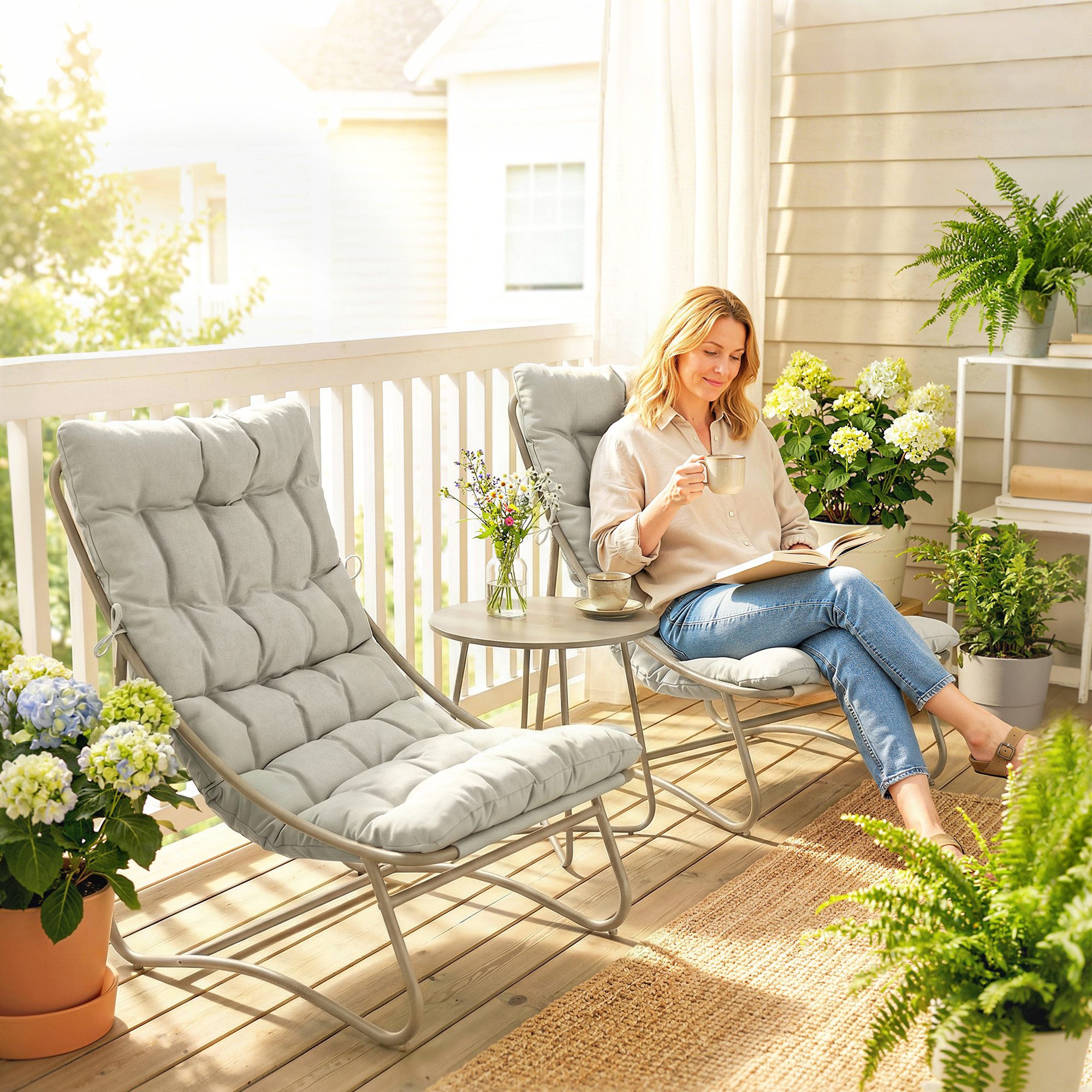 Outsunny Balkonset verstellbar Fußpads Atmungsaktiv, (Balkonmöbel Set, 3-tlg., Balcony Furniture), für Garten Balkon Terrasse Hellgrau