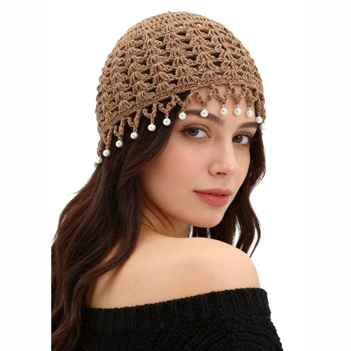 Zaewry Beanie Damen-Bohème-Sommer-Strickmütze mit Quasten und Perlen, lockere Häkelmütze für Sommerreisen und den täglichen Gebrauch