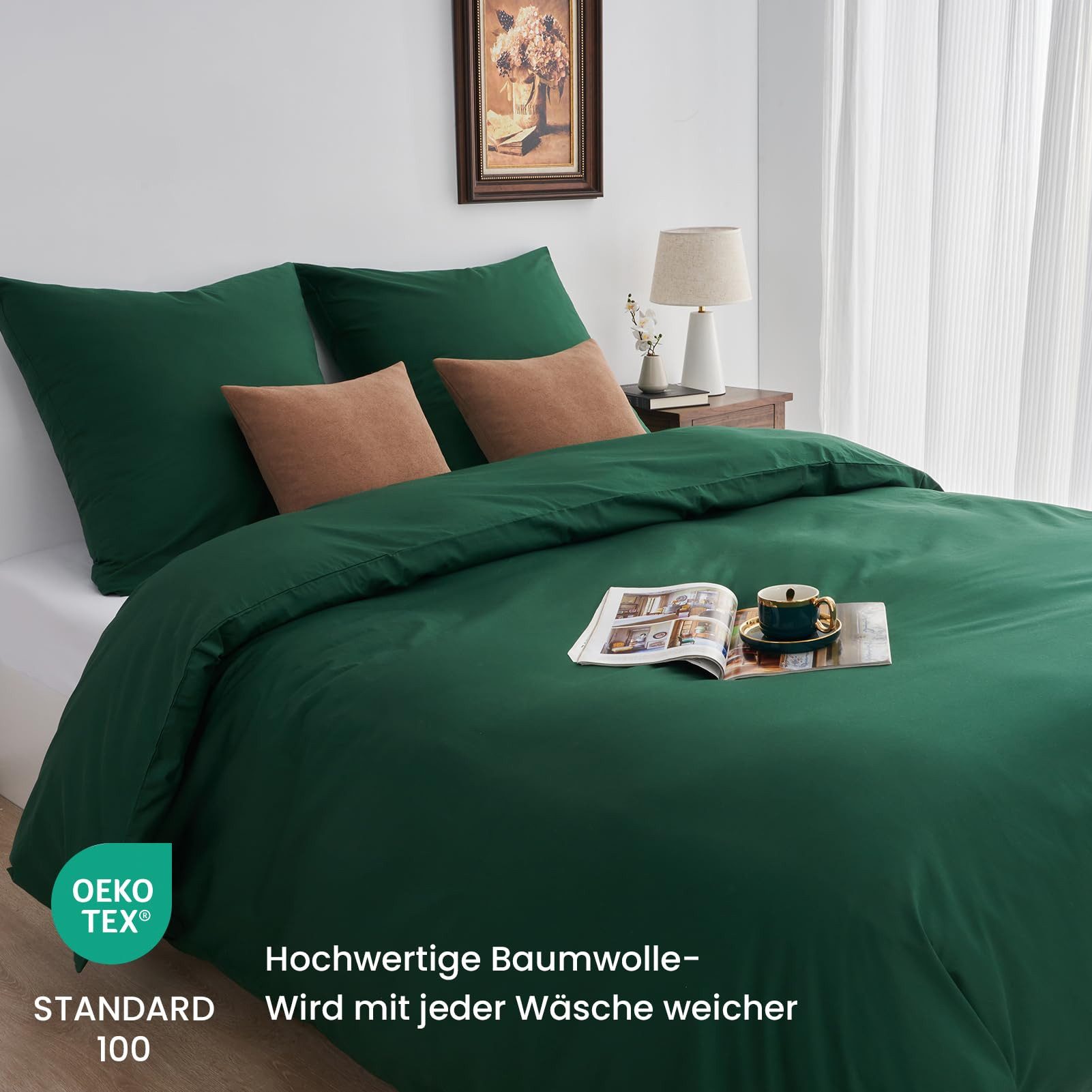 Topfinel Bettwäsche 135 x 200 baumwolle weich hautfreundlich Allergiker Baby ganzjährig, Baumwolle, 2 teilig, bettwäsche-sets 155 X 220 mit reißverschluss Dunkelgrün Einfarbig Boho