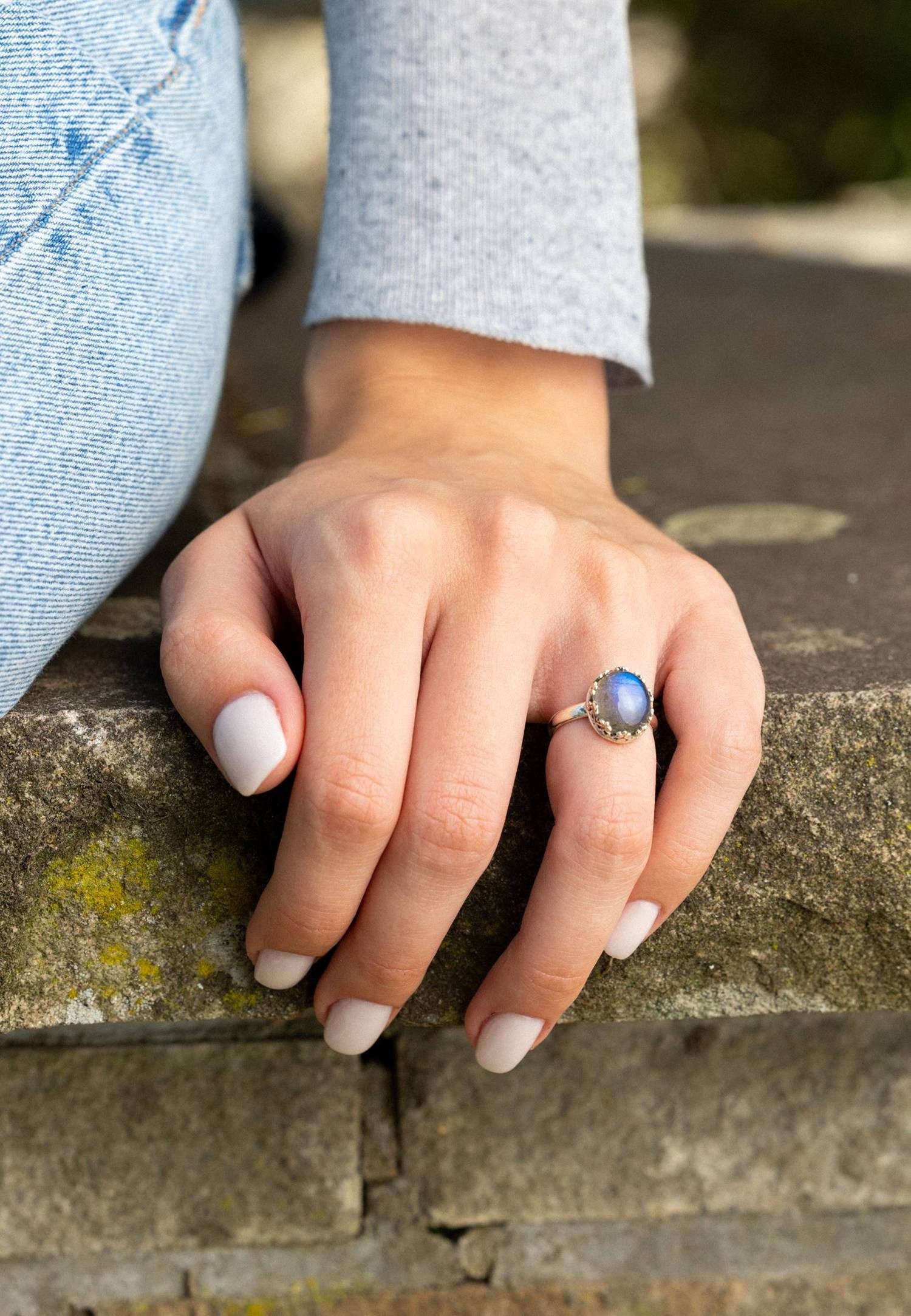 mantraroma Silberring NAPULO aus 925 Silber mit Labradorit (Ring mit Schmuckbeutel), Damenring aus 925er Silber