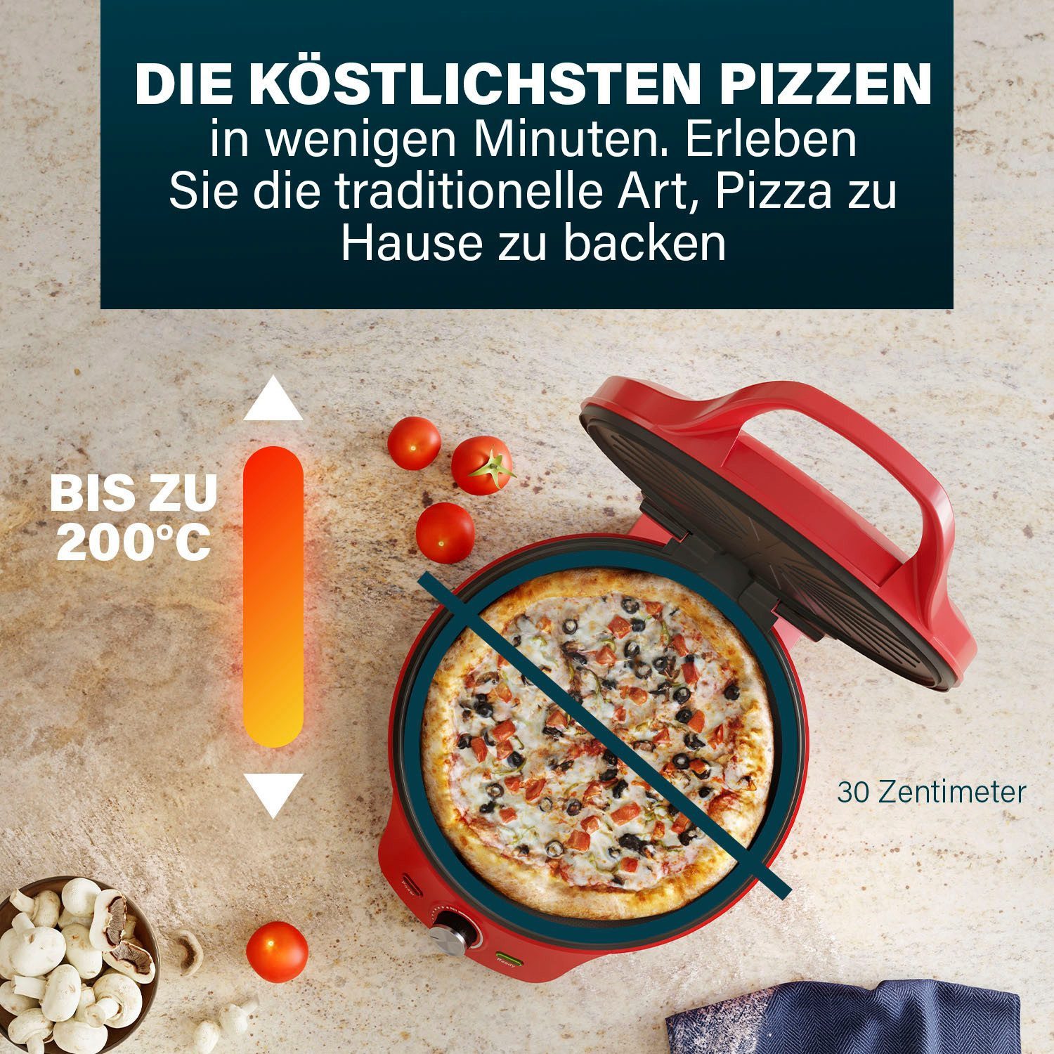 PRINCESS Elektrische Pfanne Princess 115007 Pizza Maker – Multifunktional: kann auch als Tischgril, 2000 W, Einstellbarer Thermostat – Inklusive Grillfunktion