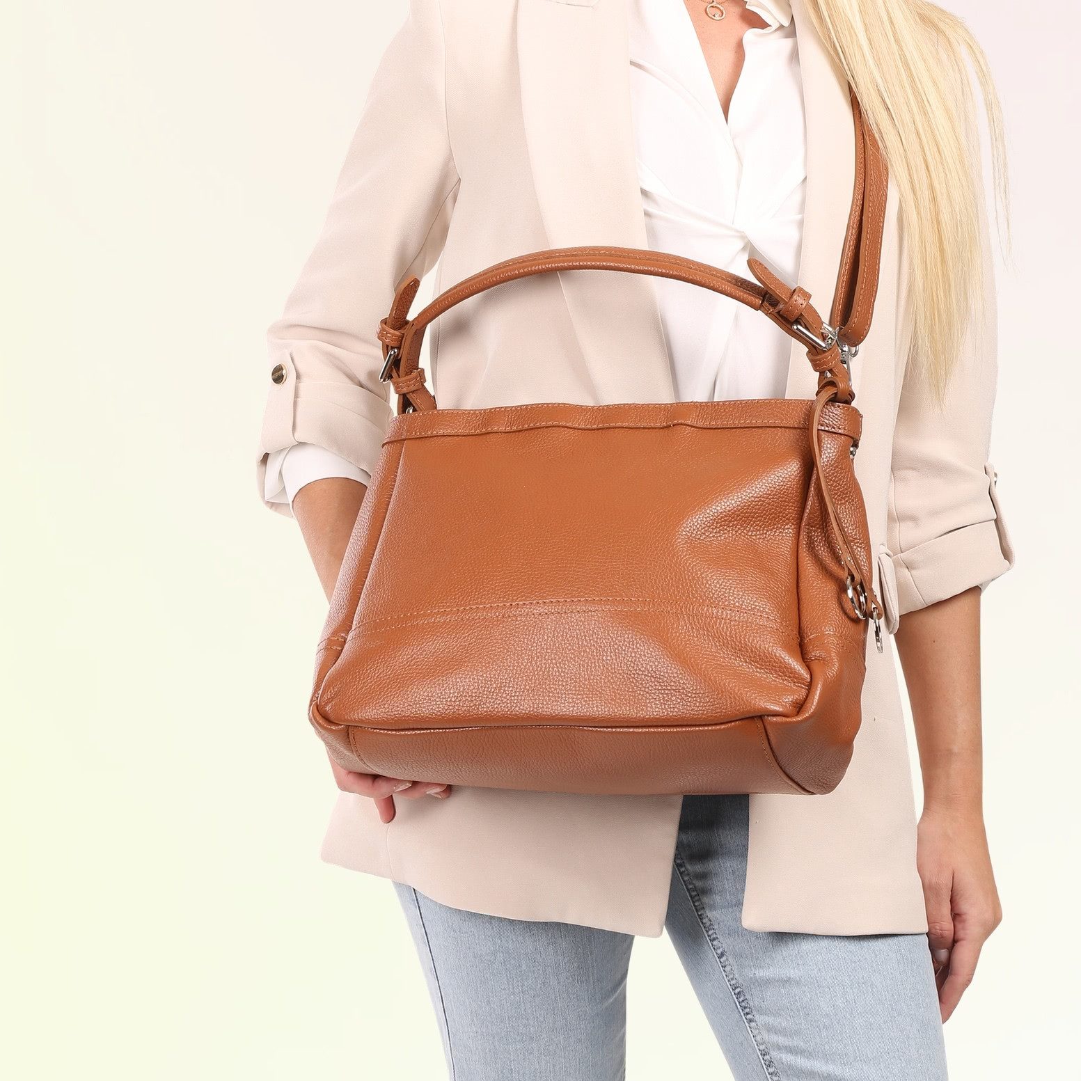 Toscanto Schultertasche Toscanto Damen Schultertasche Leder (Schultertasche), Damen Leder Schultertasche, hellbraun ca. 38cm