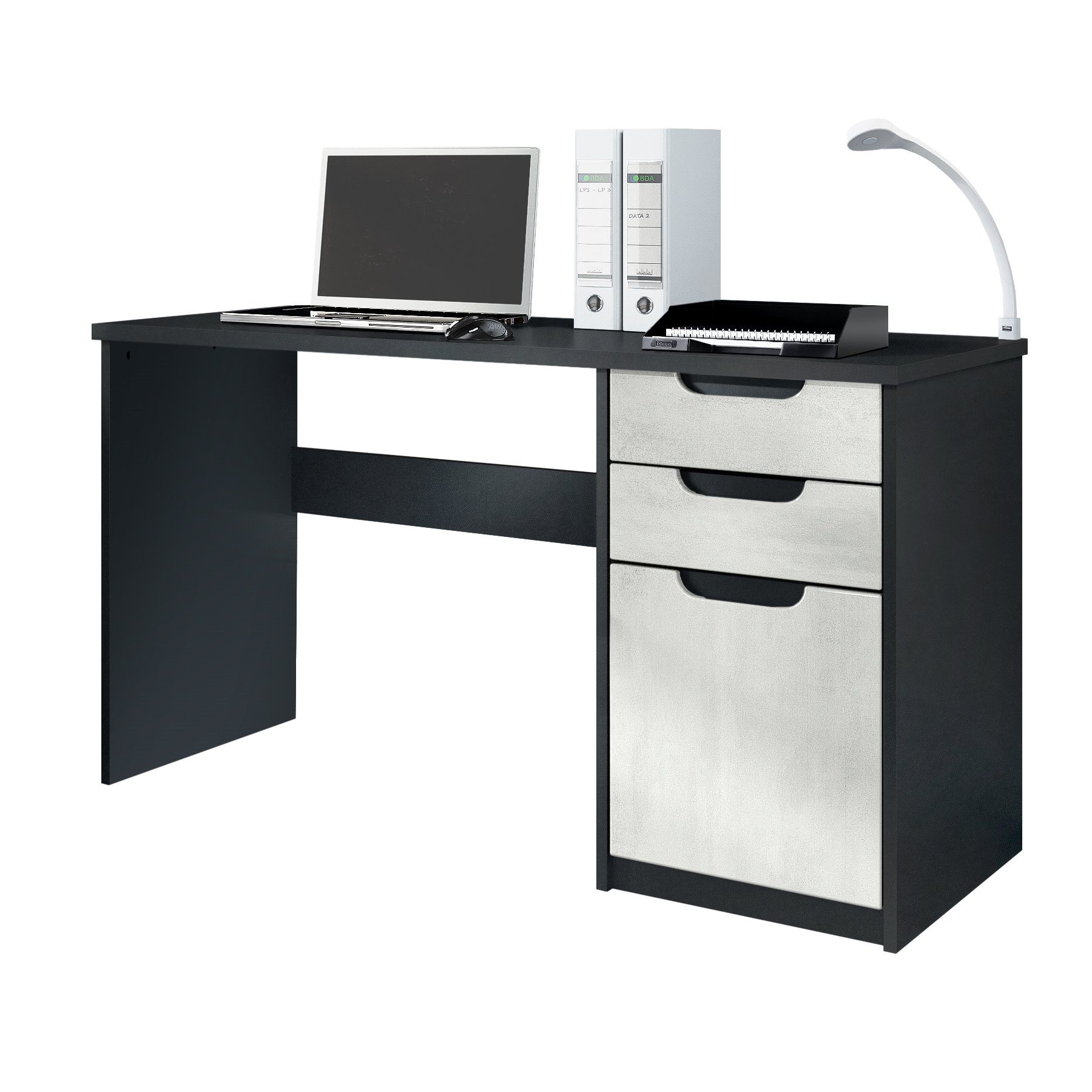 Vladon Schreibtisch Logan (Bürotisch, mit 2 Schubladen und 1 Tür), Schwarz matt/Beton Oxid Optik (129 x 76 x 60 cm) Fronten in Beton Oxid Optik