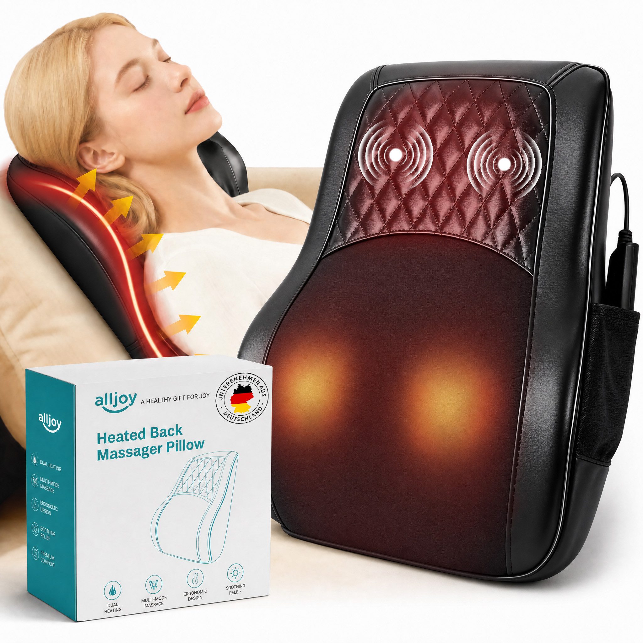 ALLJOY Massagegerät 5D-Shiatsu-Massagekissen & Nackenmassagegerät mit Wärme für Rücken, 4 Modi,3 Intensitäts- und Temperaturstufen,Fernbedienung, Hitzeschutz
