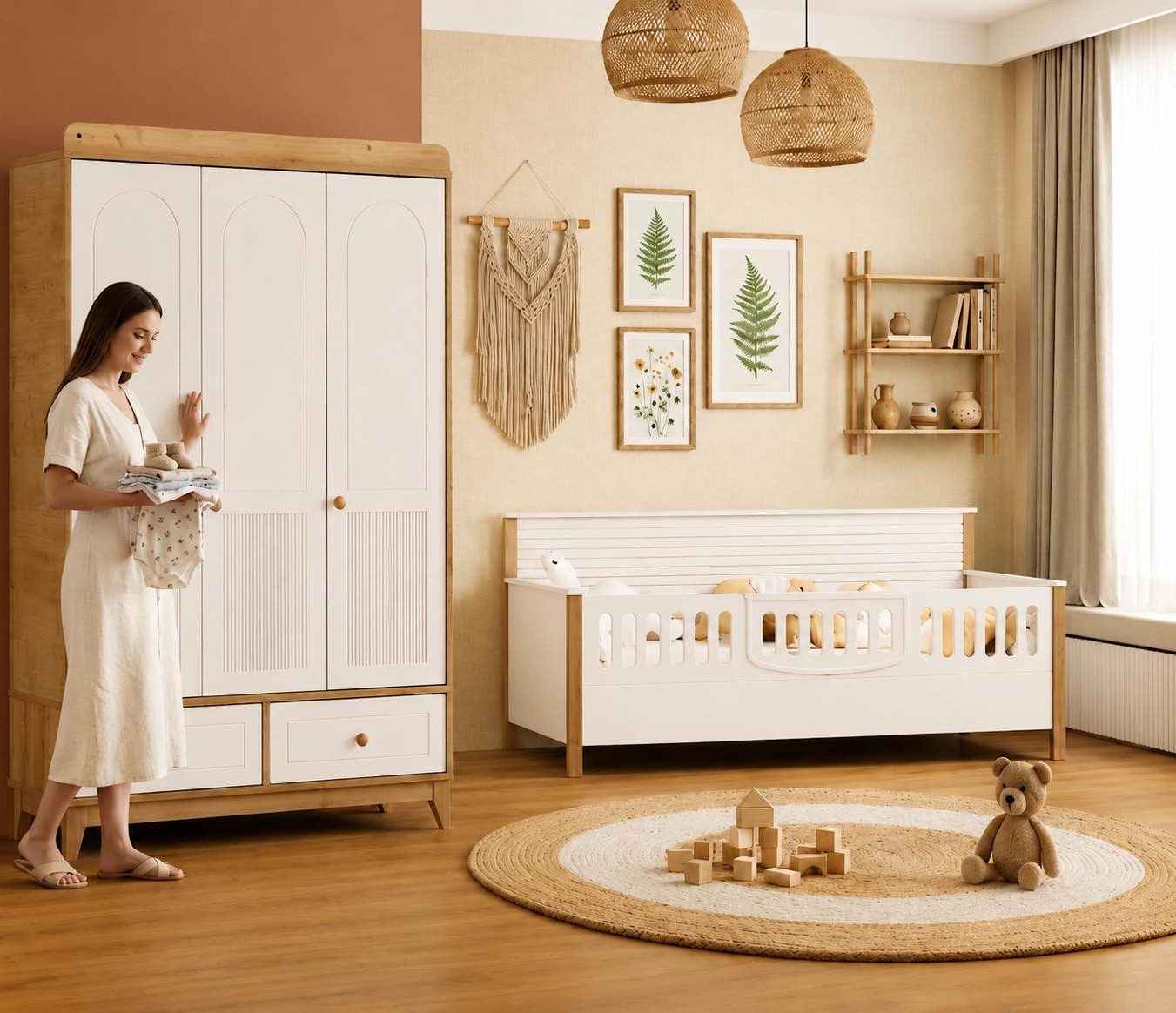 Xlmoebel Kinderkleiderschrank Moderner Kinderkleiderschrank aus hellem Holz mit weißen Türen (3 Türen, 2 Schubladen) Made in Europa