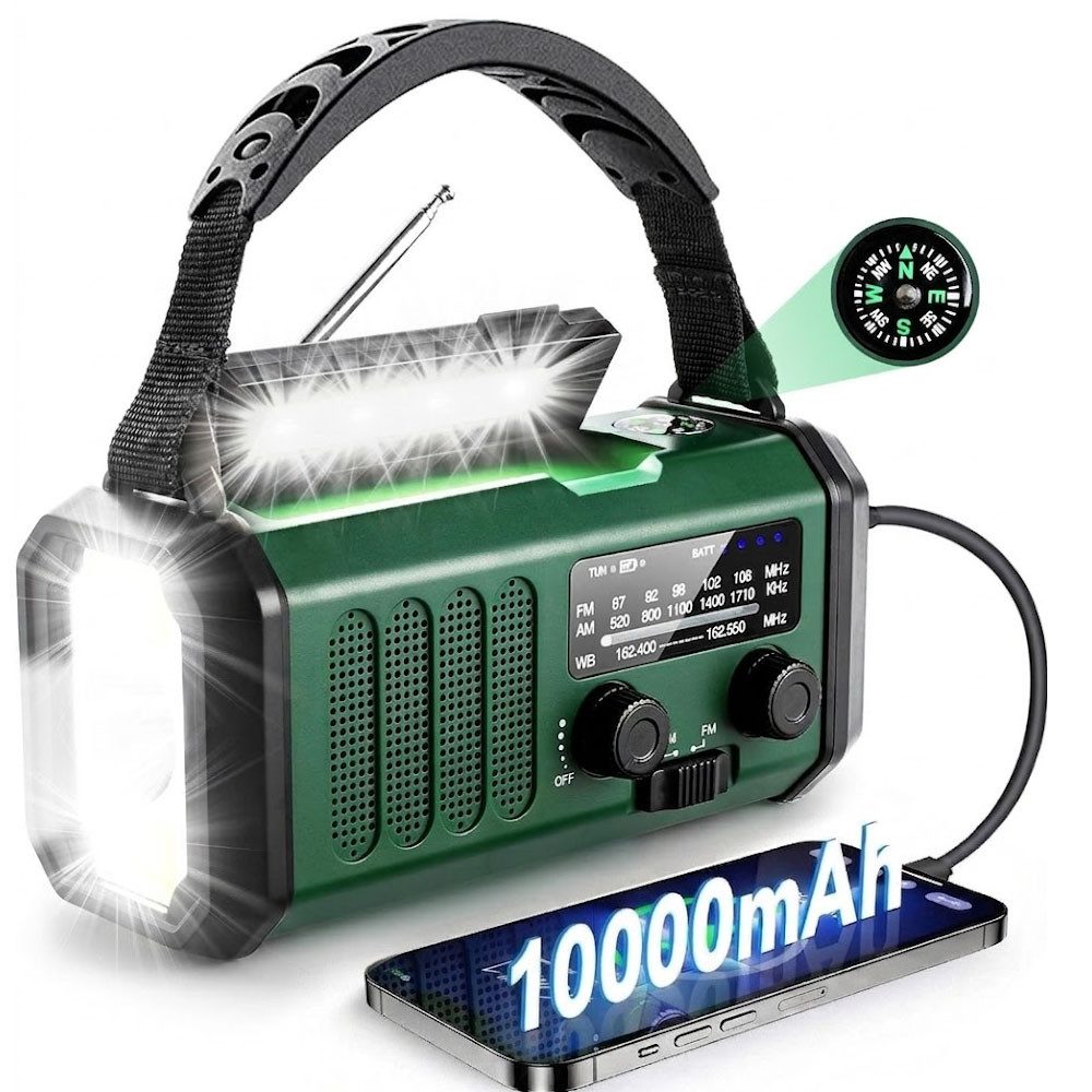 Tekoo Kurbelradio 10000mAh Notfallradio mit Powerbank Solar & LED Licht Notfallradio (UKW, FM, MW, AM, Wetterradio, 14 W, IPX6 Spritzwassergeschützt, 3-Modi-Taschenlampe, Notfall-Wetterradio)