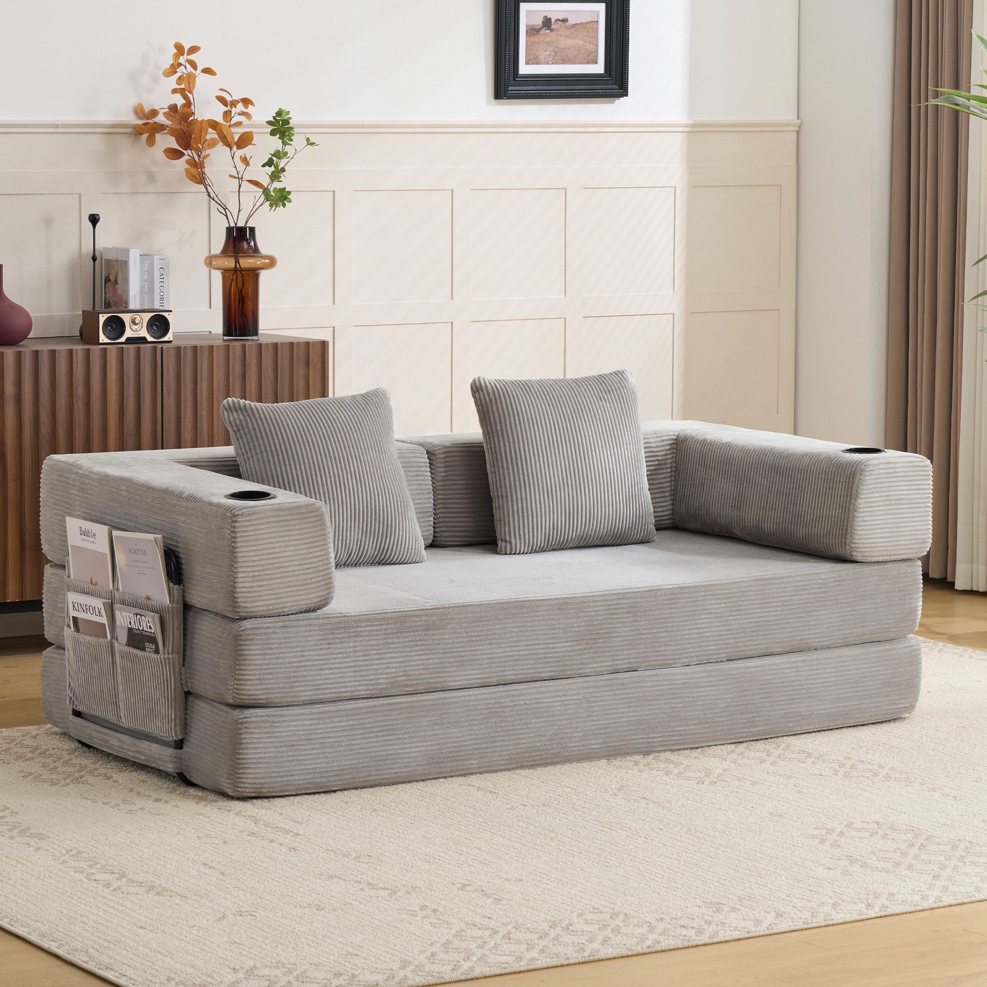 Vankel Sofa Modulares Sofa mit Schlaffunktion aus Cord, faltbar & flexibel, Bequemes Schlafsofa ohne Montage für Wohnzimmer und kleine Räume