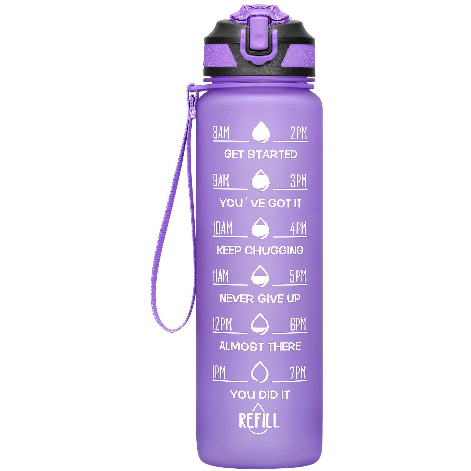 WISHDOR Trinkflasche Sport Wasserflasche Sportflasche Auslaufsicher 1 Liter BPA-Frei 1L, Zeitmarkierung und Strohhalm Fitness Outdoor Camping Fahrrad Wandern Helllila