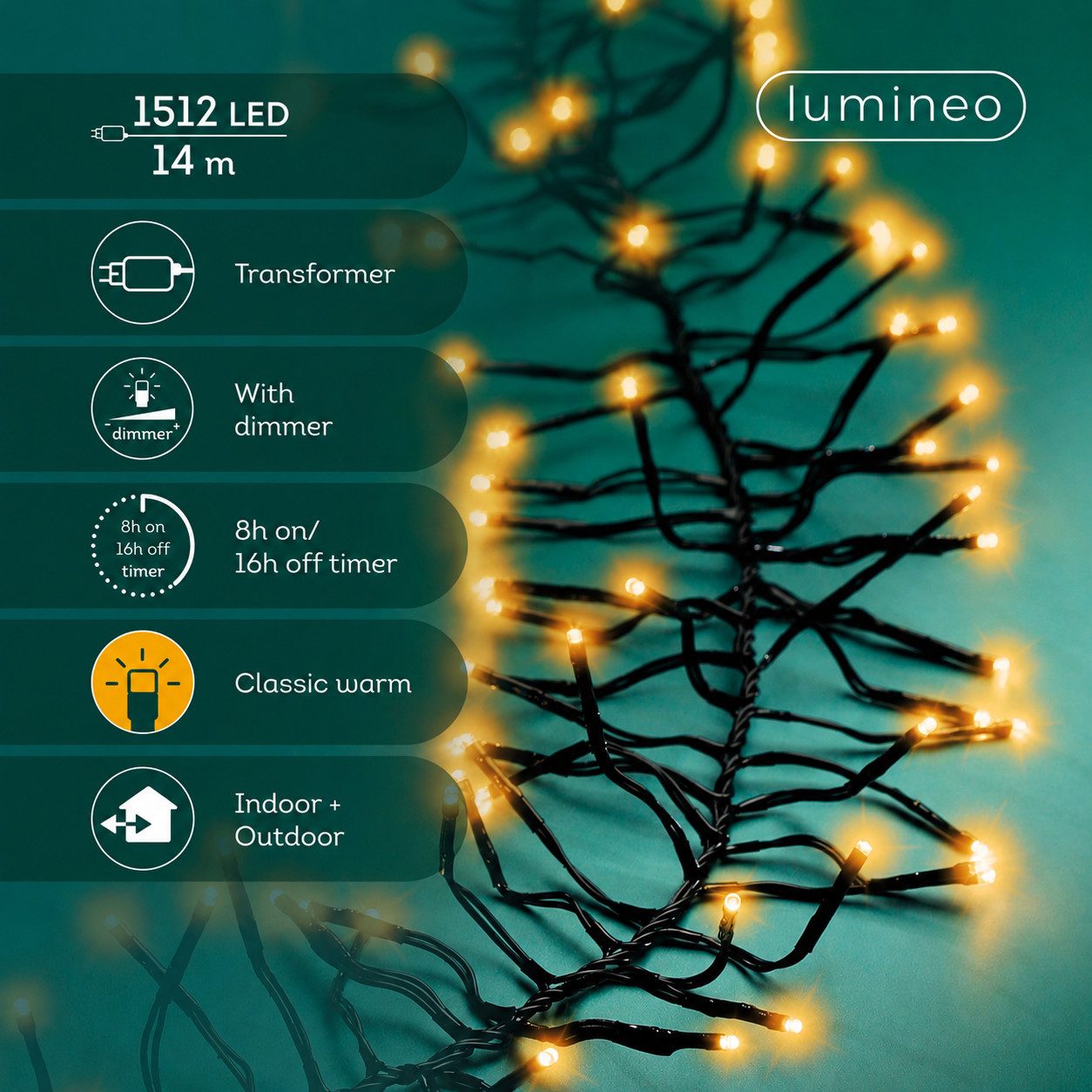 Lumineo LED-Lichterkette Lumineo Lichterkette CLUSTER 1512 LED 14 m klassisch warm, schwarz, Indoor/Outdoor, dimmbar, 8h-Timer, + 5 m Zuleitung – Bild 2 von 5