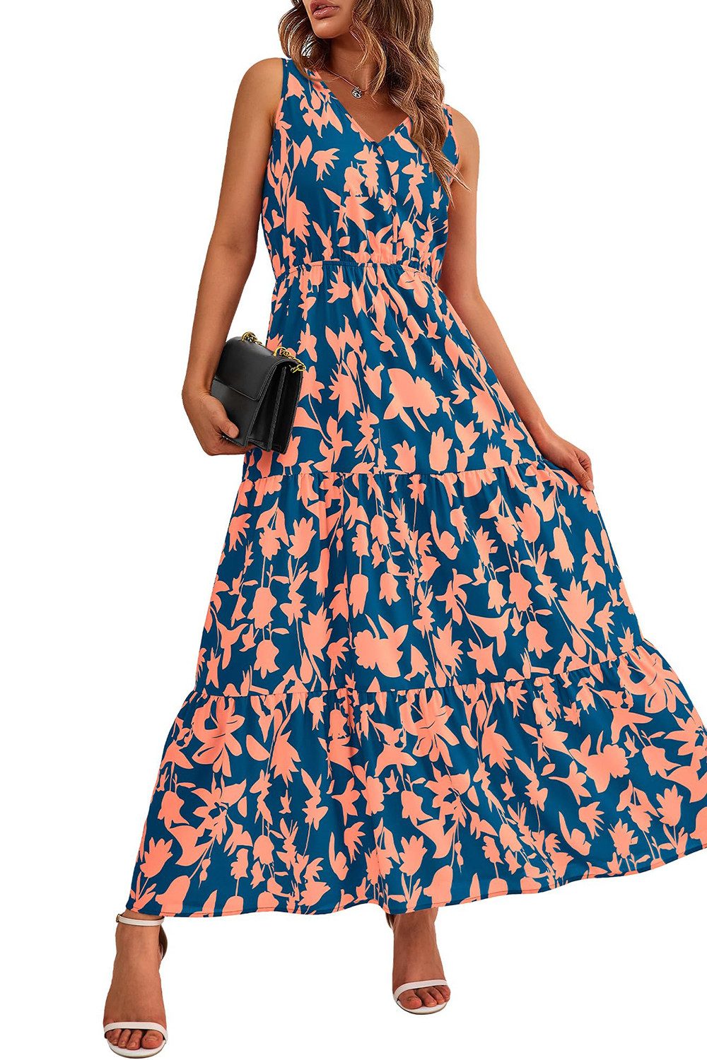 B.X Maxikleid Damen Lässiges bedrucktes, ärmelloses Sommerkleid,A-Linien-Kleid Partykleid,Süßes langes Kleid mit Blumenmuster für Hochzeitsgäste