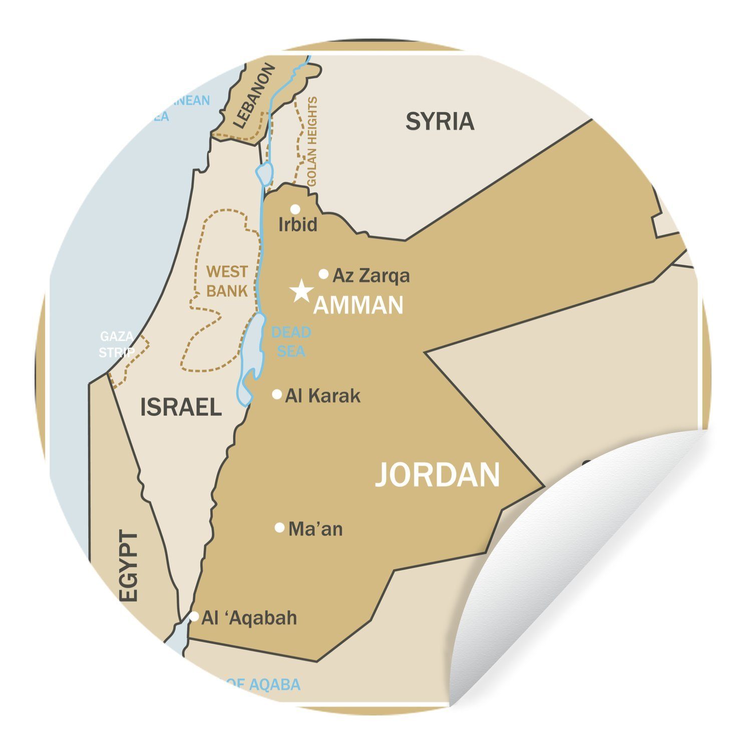MuchoWow Wandsticker Eine Illustration einer braunen Karte von Jordanien (1 St), Tapetenkreis für Kinderzimmer, Tapetenaufkleber, Rund, Wohnzimmer