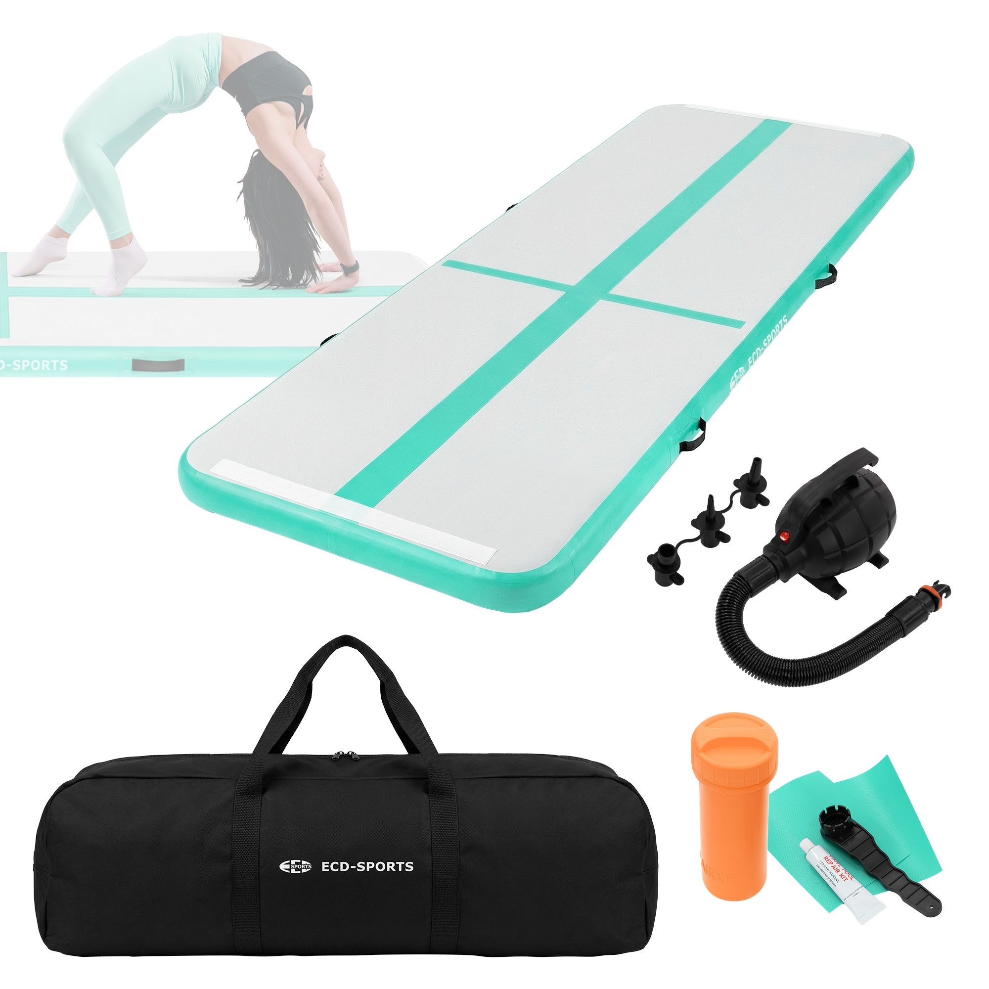ECD Germany Sportmatte Aufblasbare Gymnastikmatte Airtrack Turnmatte Fitness Tumbling Matte, Yogamatte 3m Mint-Grün H:10cm inkl. Tragetasche Luftpumpe Flick-Set