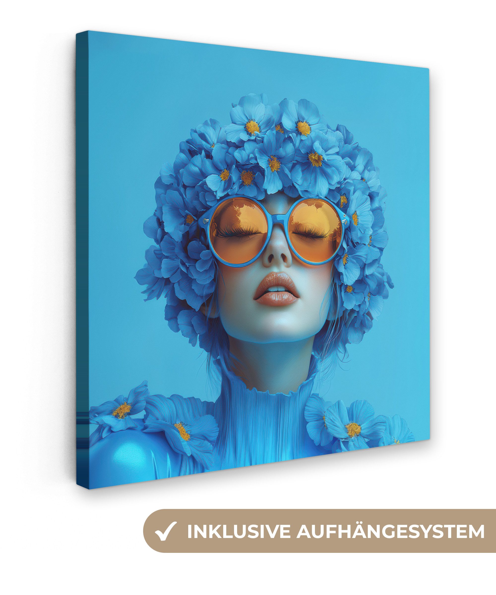 OneMillionCanvasses® Leinwandbild Frau - Blume - Blau - Modern - Brille - P günstig online kaufen